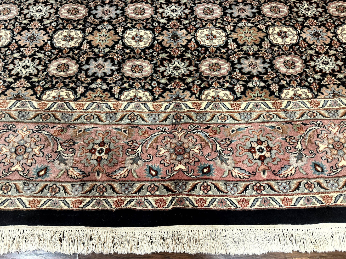 Indo Persian Rug 9x12, Vintage Handmade Wool Carpet, Repeated Allover Motif, Navy Blue and Pink - Nuvé
