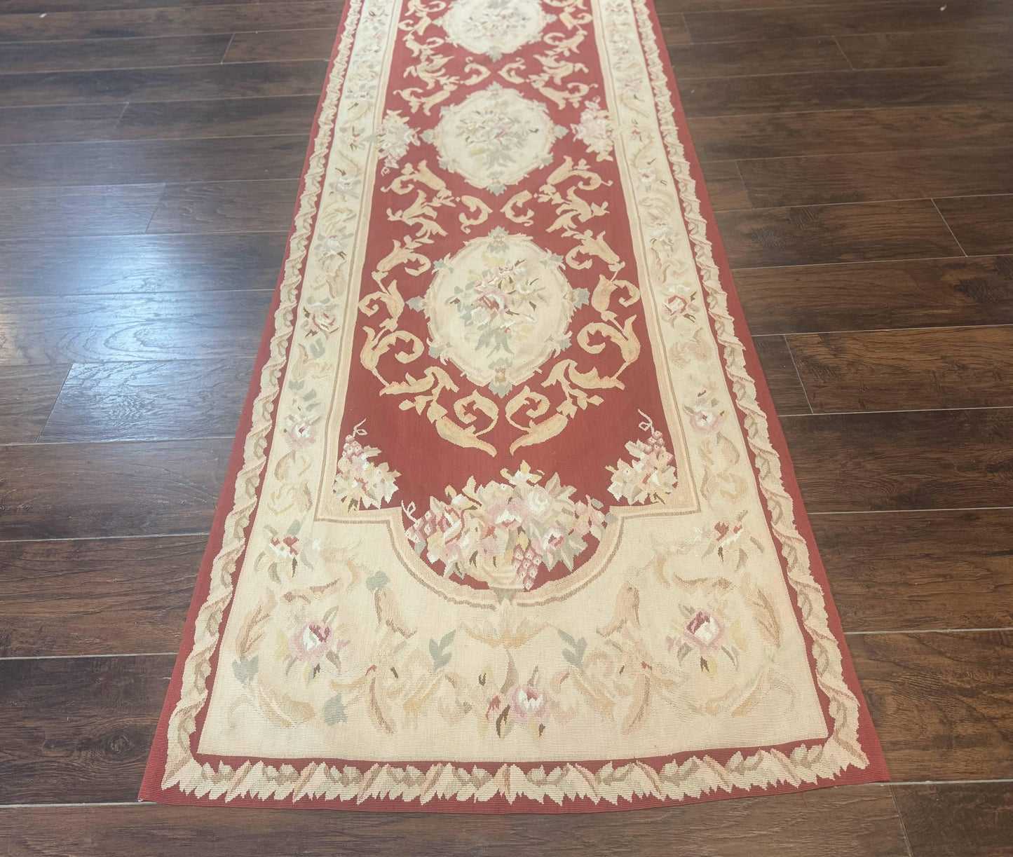 Aubusson Runner Rug 3x10, European Design, Red and Beige, Elegant, Handmade Wool Rug - Nuvé