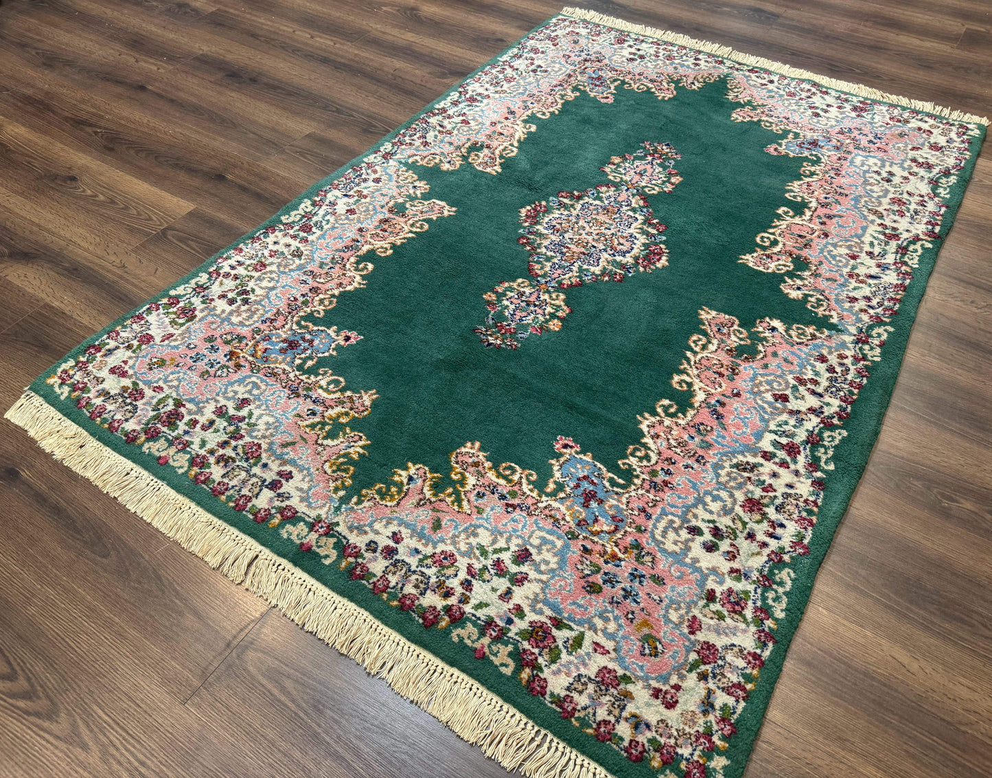 Persian Kerman Rug 4x6, Green Ivory Pink, Wool Vintage, Semi Open Field - Nuvé