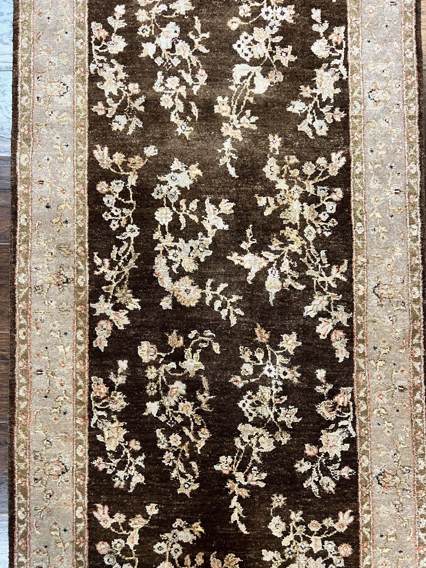 Peshawar Runner Rug 3 x 20, Wool Hand Knotted Vintage Pakistani Carpet, Brown & Taupe, Chobi Mahal Floral Rug, Extra Long Hallway Runner - Nuvé