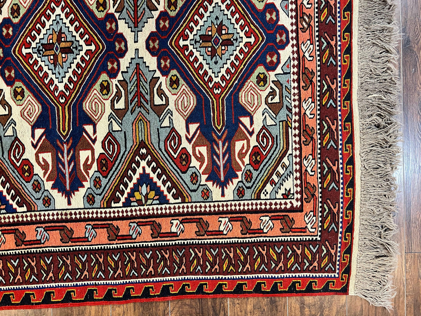 Russian Soumak Rug 6x8, Wool Handmade Antique Kilim Carpet, Multicolor 6 x 8 Geometric Medallions Caucasian Rug, Medium Size - Nuvé