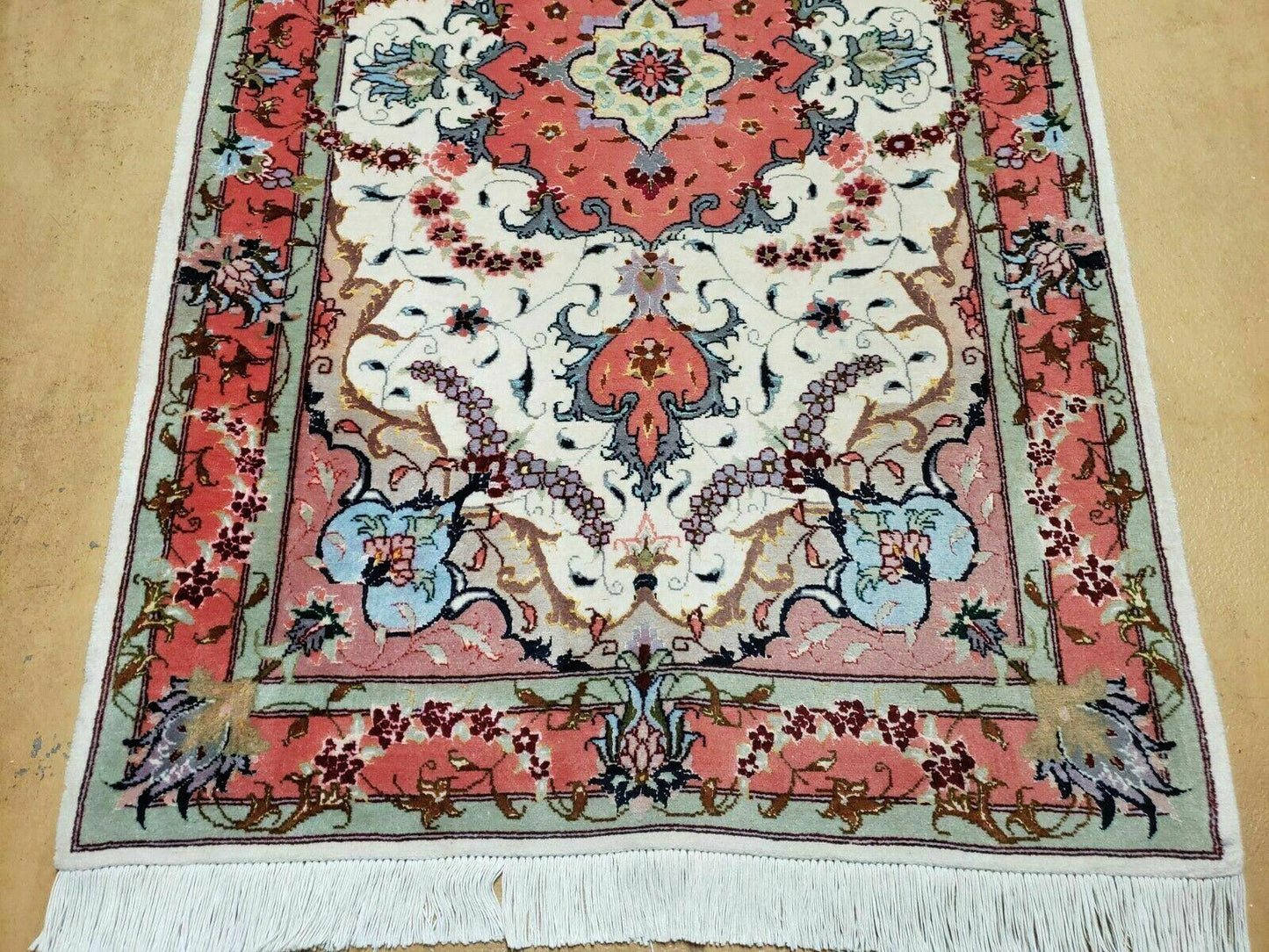 Small Vintage Persian Tabriz Wool and Silk Rug 2.5 x 4 ft, Very Finely Hand Knotted, Medallion, Ivory Salmon Light Blue, Top Quality, Pair A - Nuvé