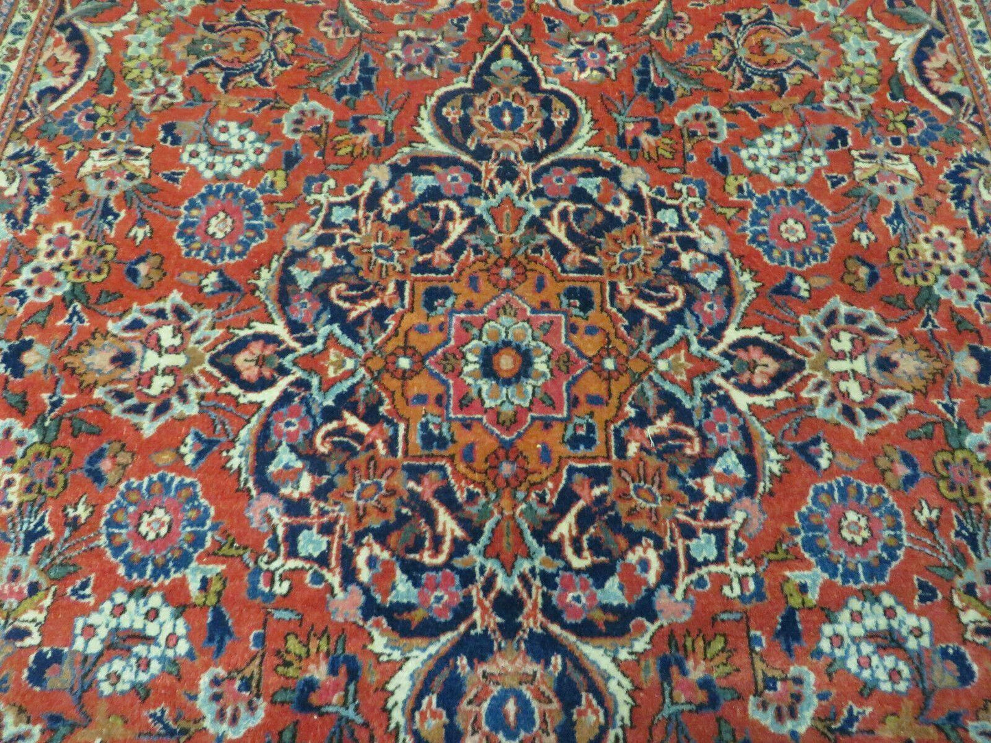 Persian Kashan Rug 4x7, Red and Navy Blue Semi Antique Vintage Wool Oriental Carpet, Hand Knotted Rug, Floral Medallion, High Quality Fine Carpet - Nuvé