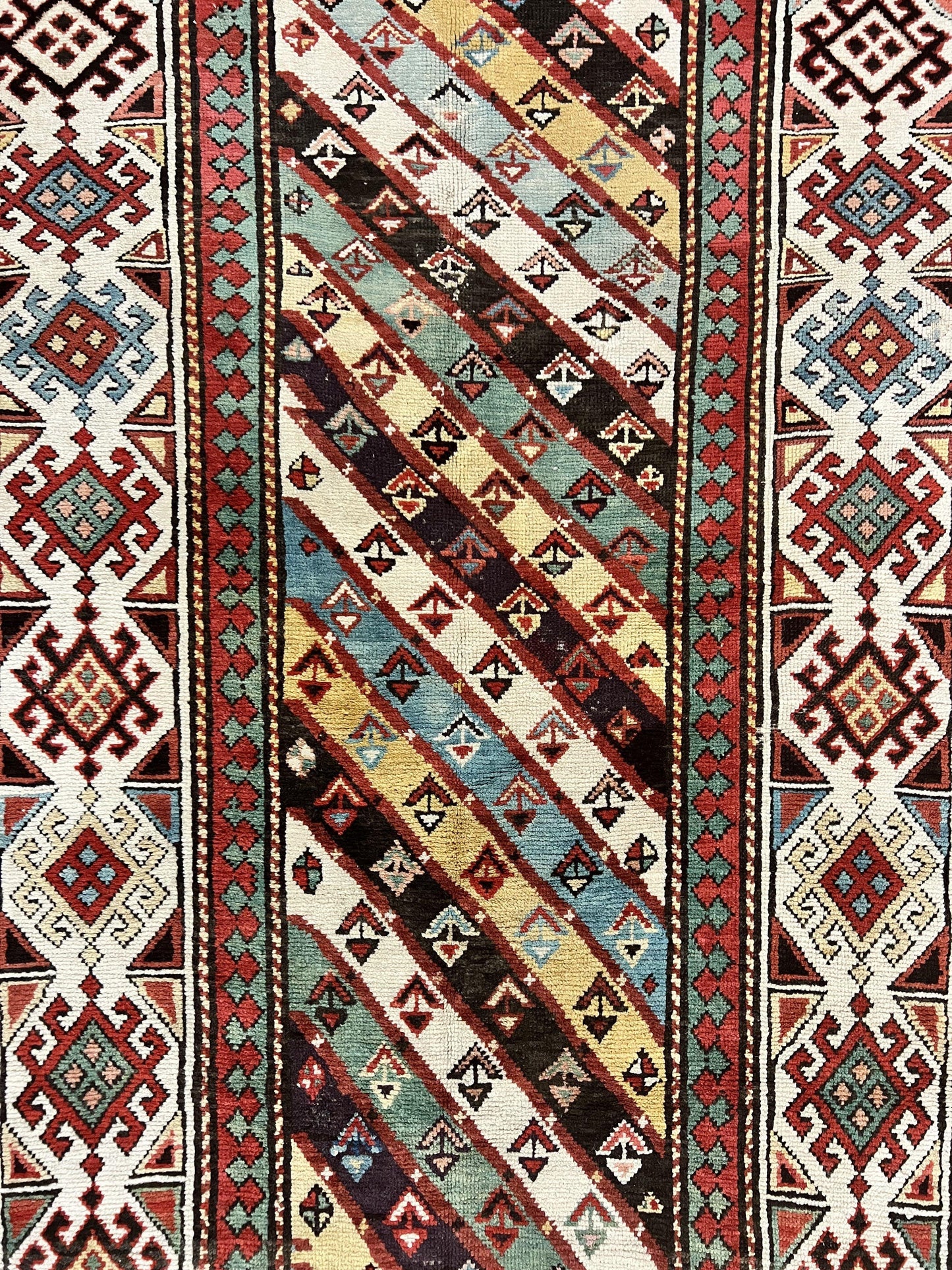 Caucasian Kazak Runner Rug 3.6 x 8, Wool Hand Knotted Antique 1880s Carpet, Ivory & Multicolor Stripes Oriental Runner Rug, Hallway Rug - Nuvé