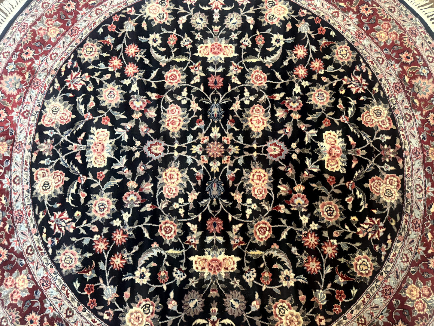 Round Sino Persian Rug 6x6, Floral, Navy Blue and Red, Wool and Silk Highlights - Nuvé