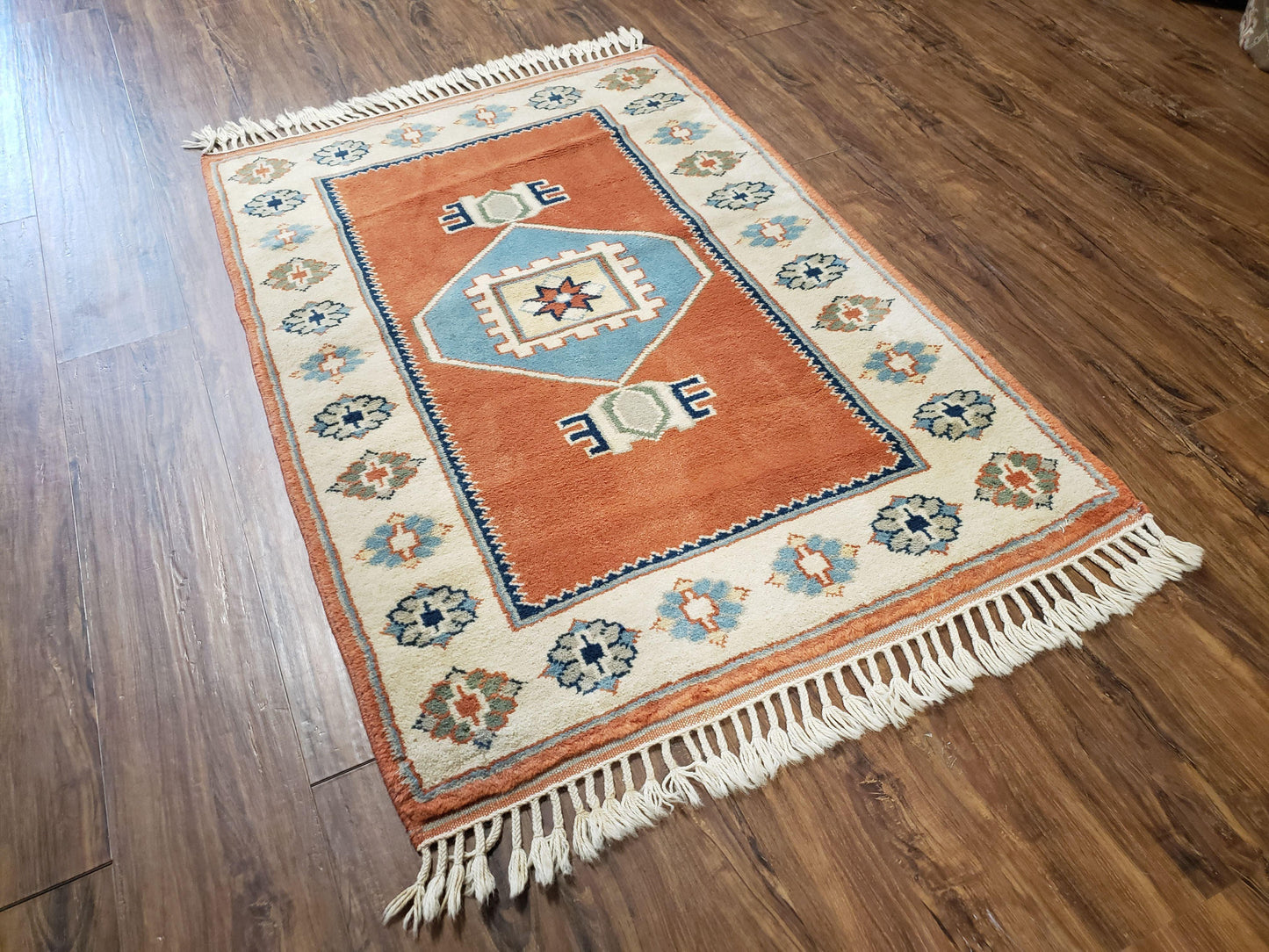 3x5 Handmade Vintage Turkish Area Rug Wool Kazak Carpet 3'1"x4'5" Red Beige - Nuvé