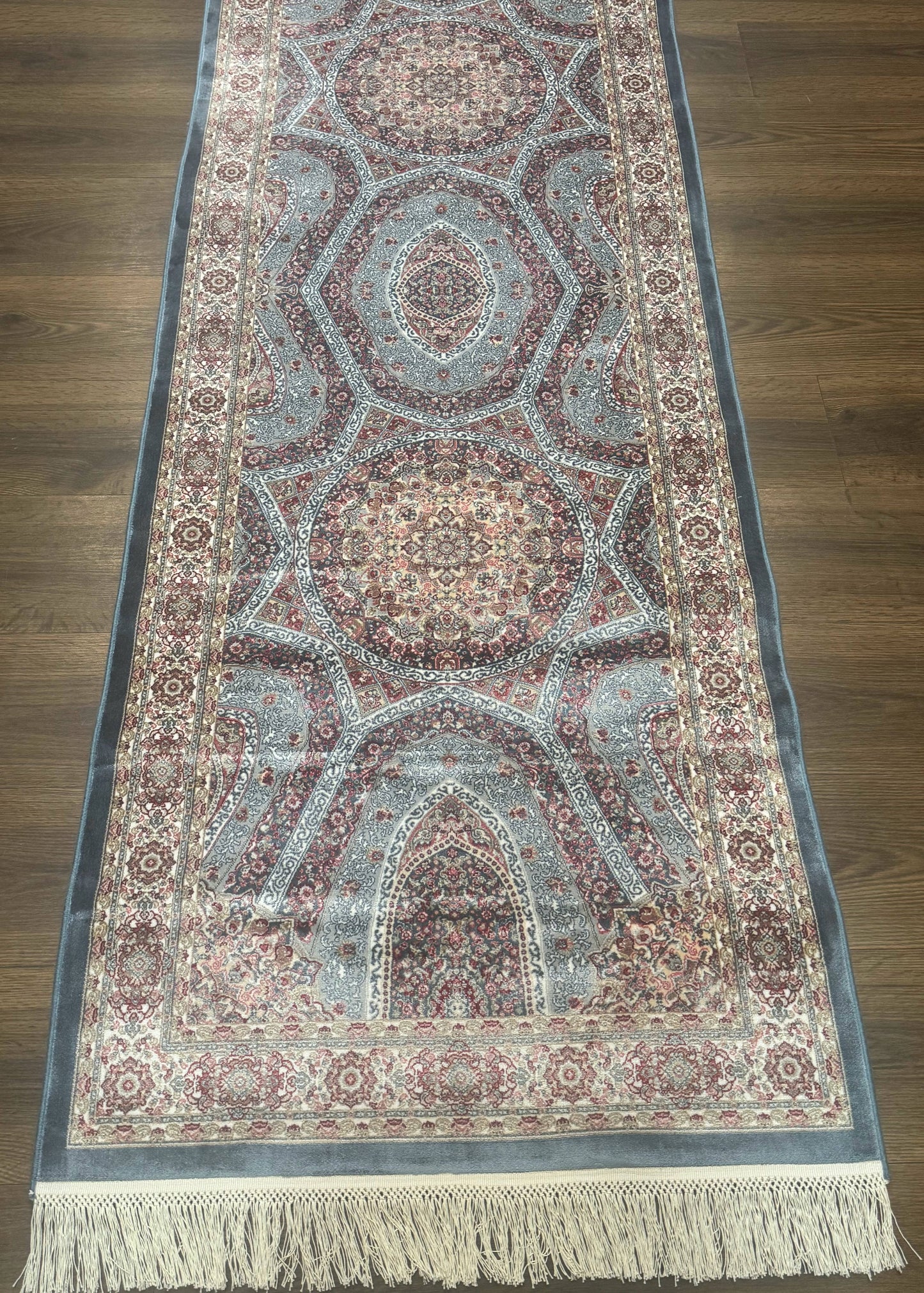 Turkish Silk Runner Rug 2.6 x 13, Blue Runner Rug, Dome Design, Bamboo Silk, New - Nuvé