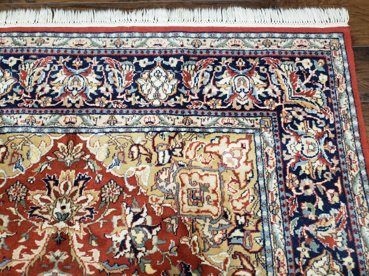 Vintage Indo Persian Oriental Rug 6 x 9.6, Wool Hand-Knotted Red Dark Blue & Gold Indian Carpet, 6 x 9 Office Room Rug, Floral Medallion - Nuvé