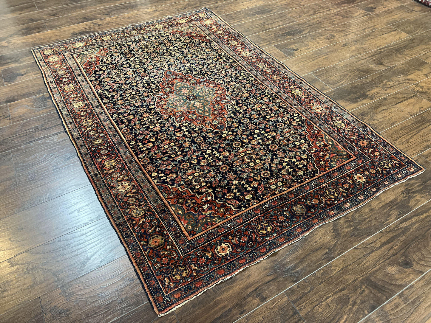 Persian Rug 4x7 Antique Sarouk Farahan Carpet, Navy Blue and Red Wool Rug - Nuvé