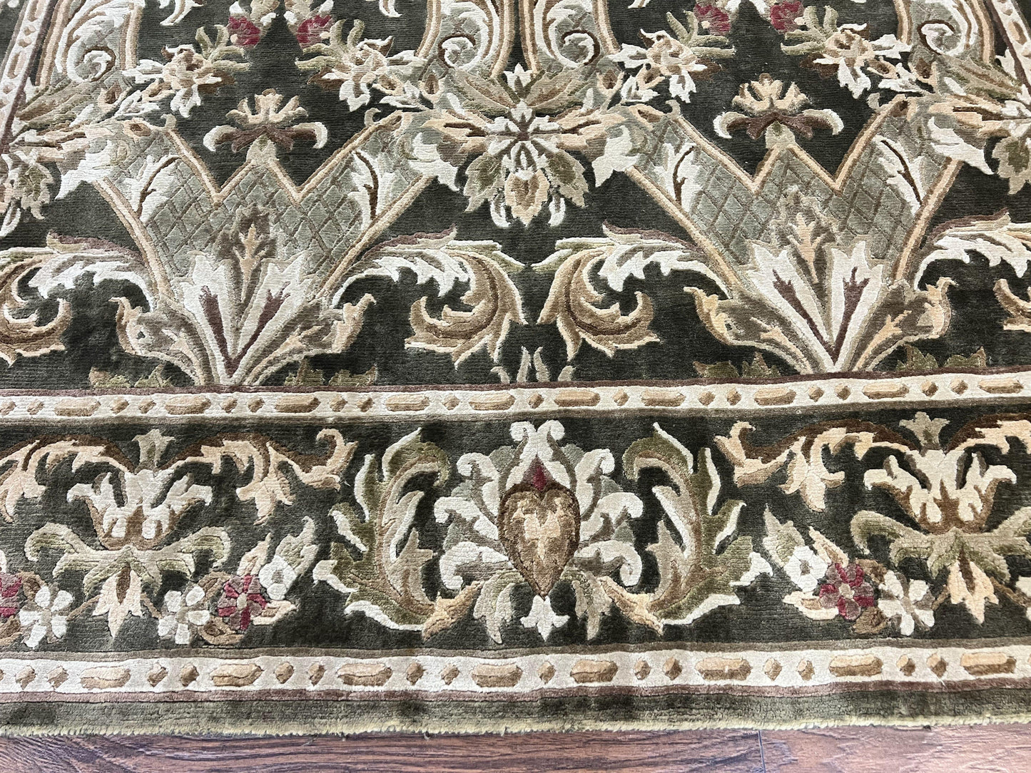 Tibetan Rug 8x10, European Design, Floral, Green, Handmade, Wool, Nepali Rug - Nuvé