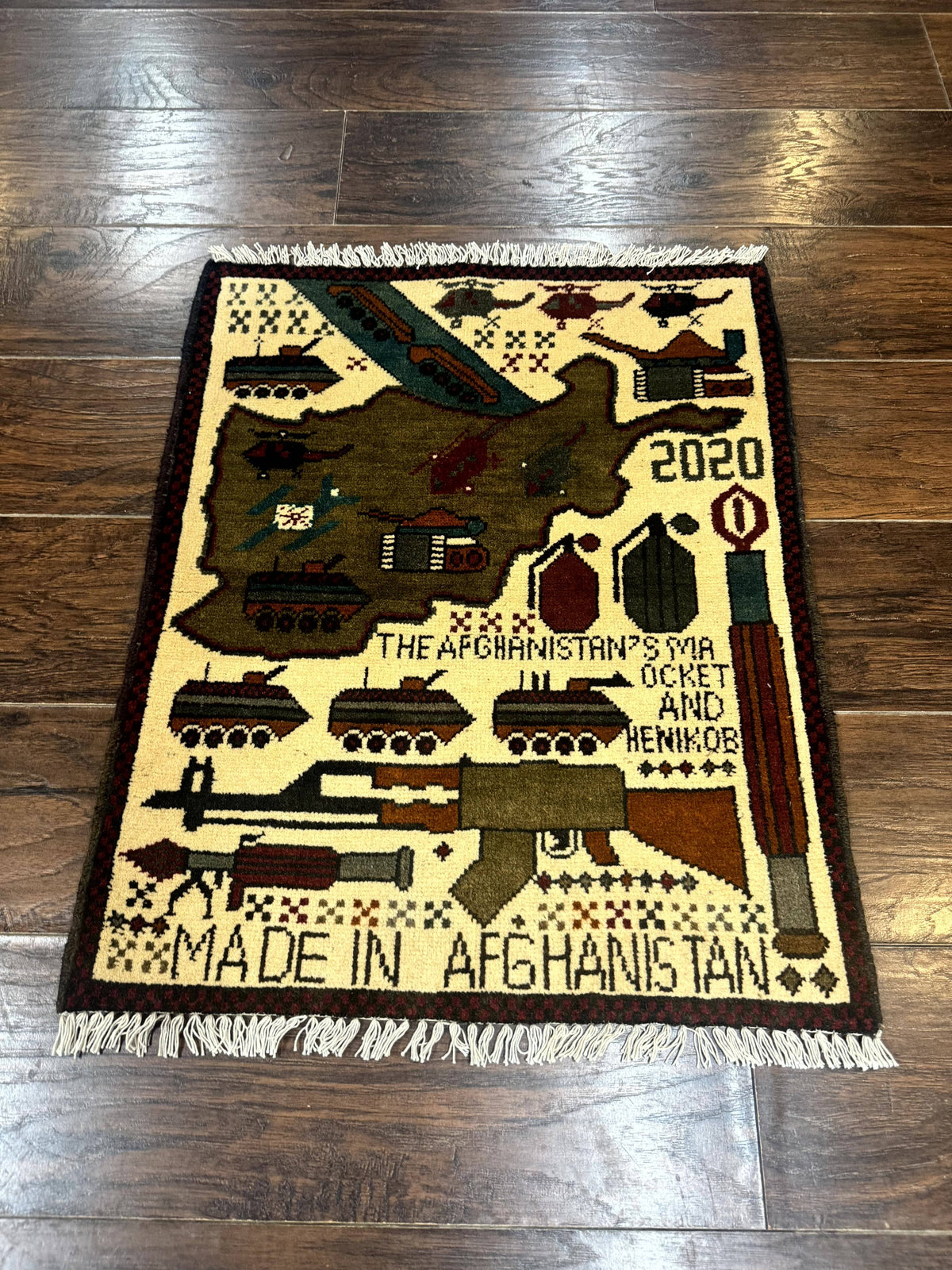 Afghan War Rug, Helicopters Tanks Guns, Handmade, Wool, 2x3