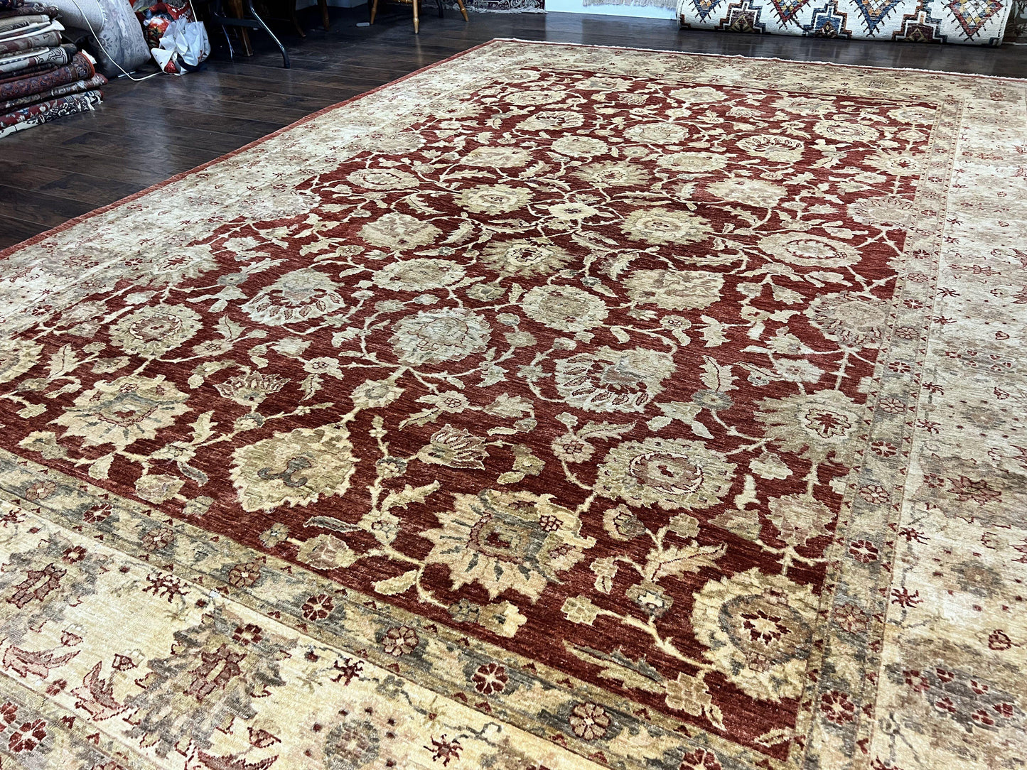 Pak Persian Rug 10x14, Sultanabad Mahal Peshawar Chobi Carpet, Large Vintage Wool Oriental Rug, Maroon & Beige, Floral Allover, Handmade - Nuvé