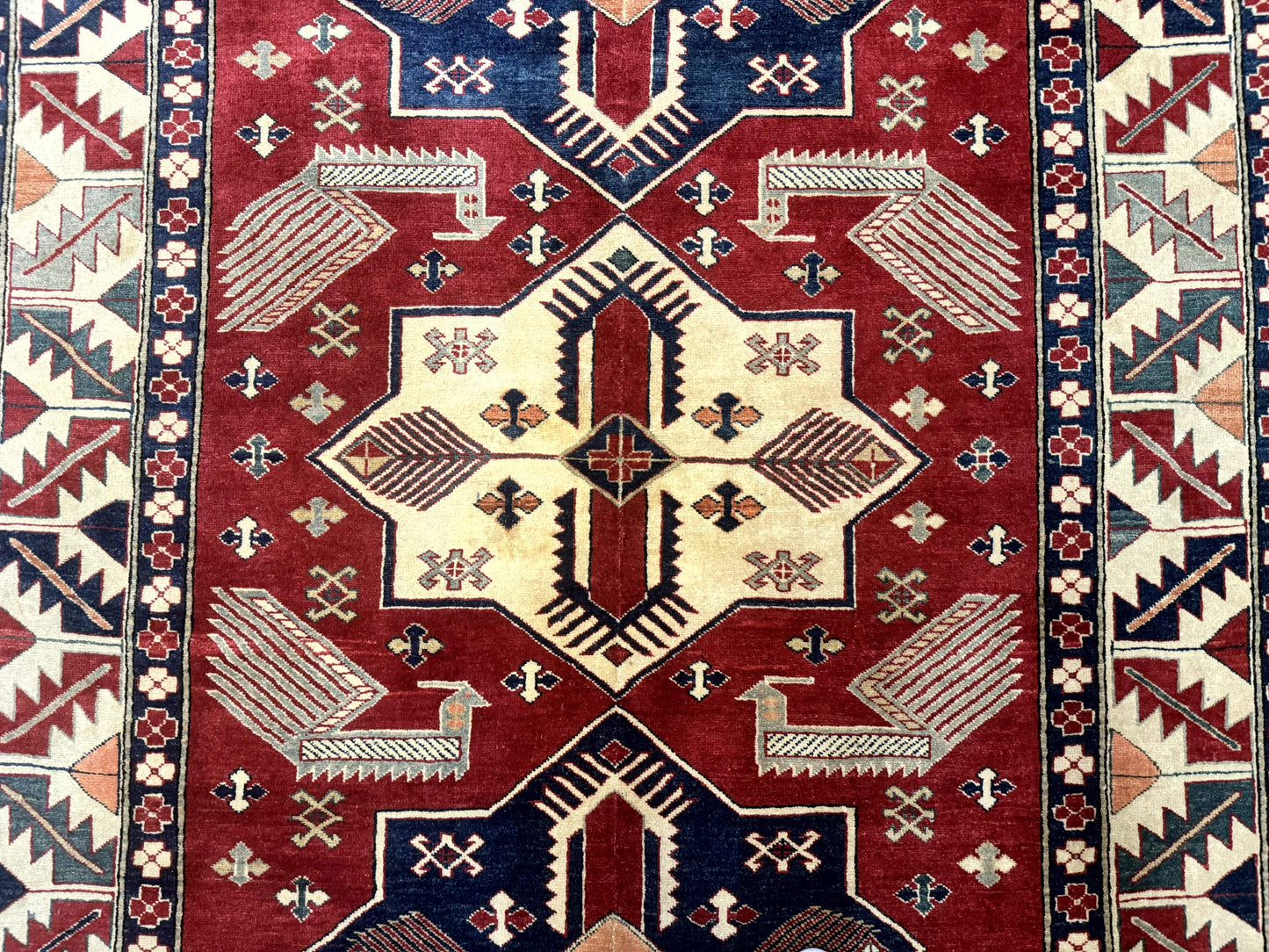 Turkish Kazak Rug 6x8, Caucasian Design, Geometric Medallions, Red Blue Beige - Nuvé