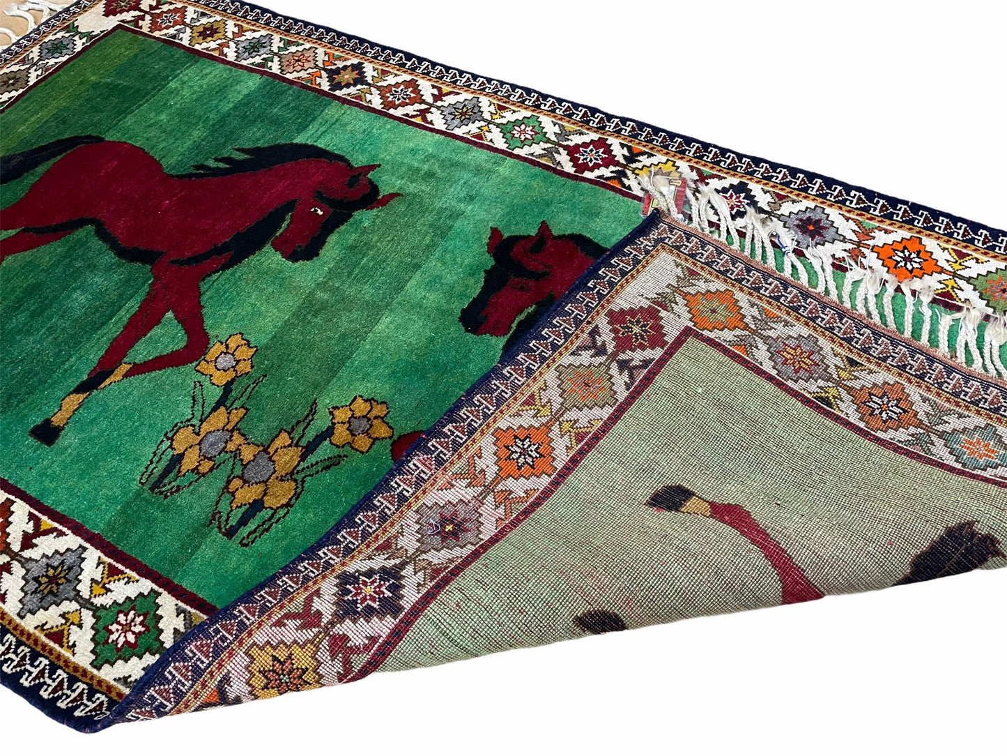4 X 7 Handmade Rug Zagros Quality Wool Pictorial Horses Green Butterfly Colorful - Nuvé