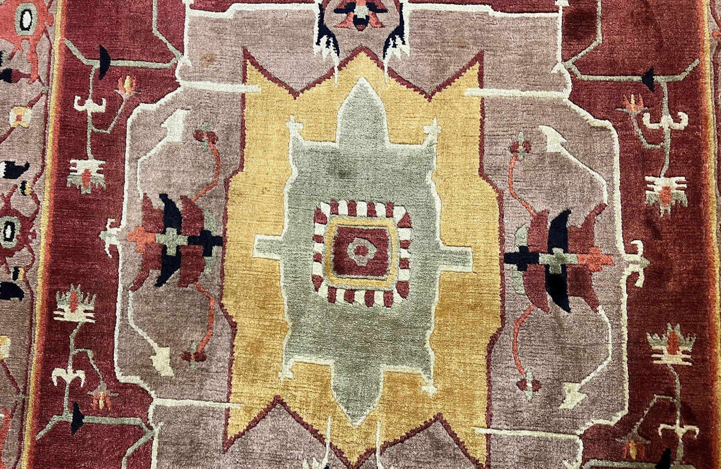 Tibetan Rug 7x10, Geometric Medallion, Red Green Taupe, Hand Knotted, Soft Wool Area Rug, Contemporary Carpet, Handmade Nepali Rug 7 x 10 ft - Nuvé