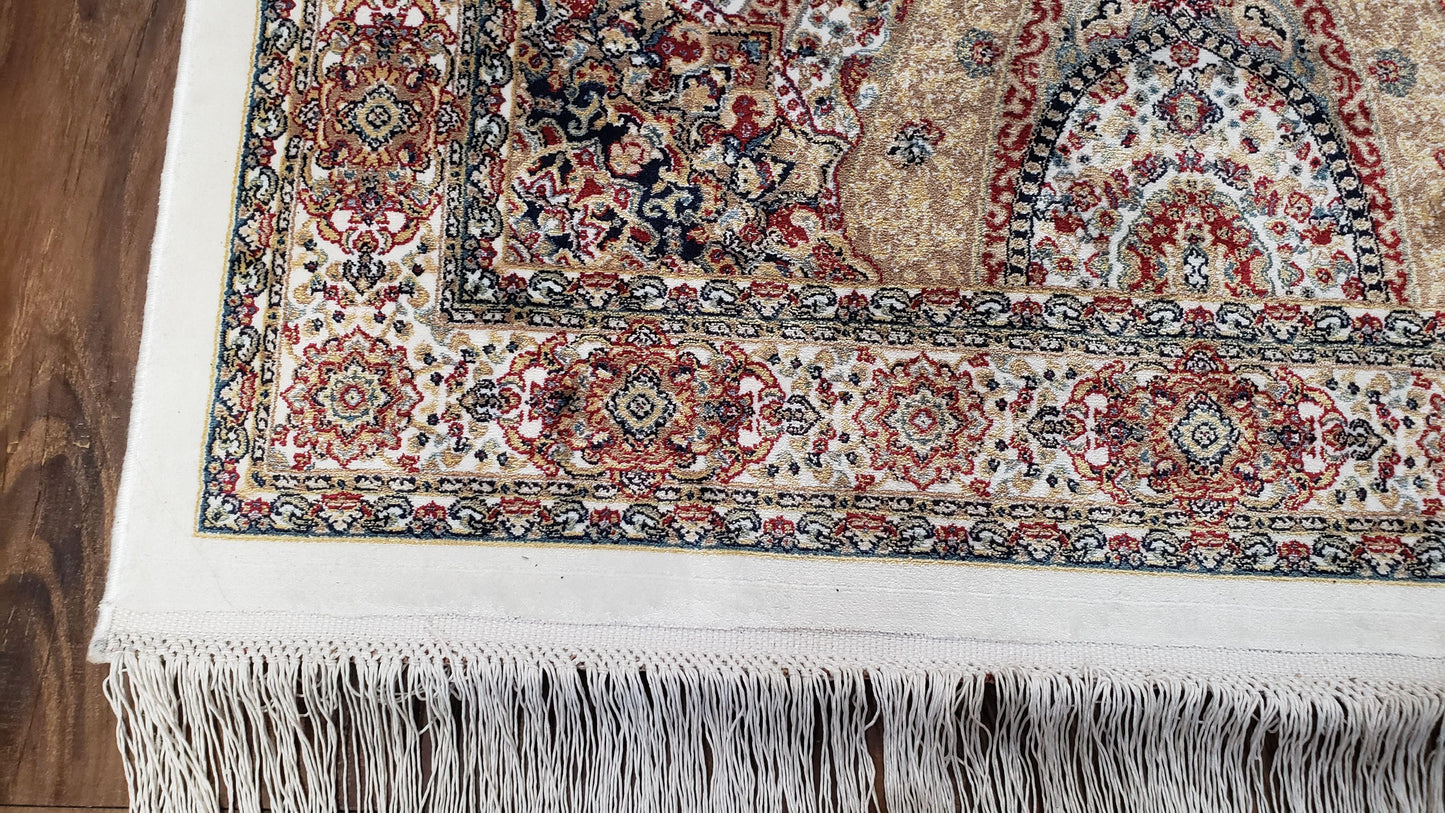 Persian Design Silk Accent Rug, Dome Medallion, Allover Pattern Oriental Carpet, Small Silk Rug, Cream, Ivory, Bamboo Silk, 2' 8" x 4' 1" - Nuvé