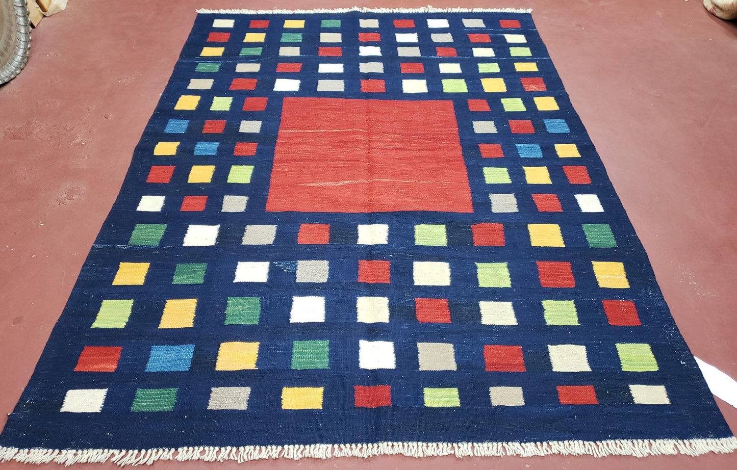 Turkish Kilim Rug 5x7 - 6x8, Checkerboard Kilim Carpet, Area Rug, New Playroom Rug, Colorful Multicolor Rug for Nursery Room, Dark Blue Red - Nuvé
