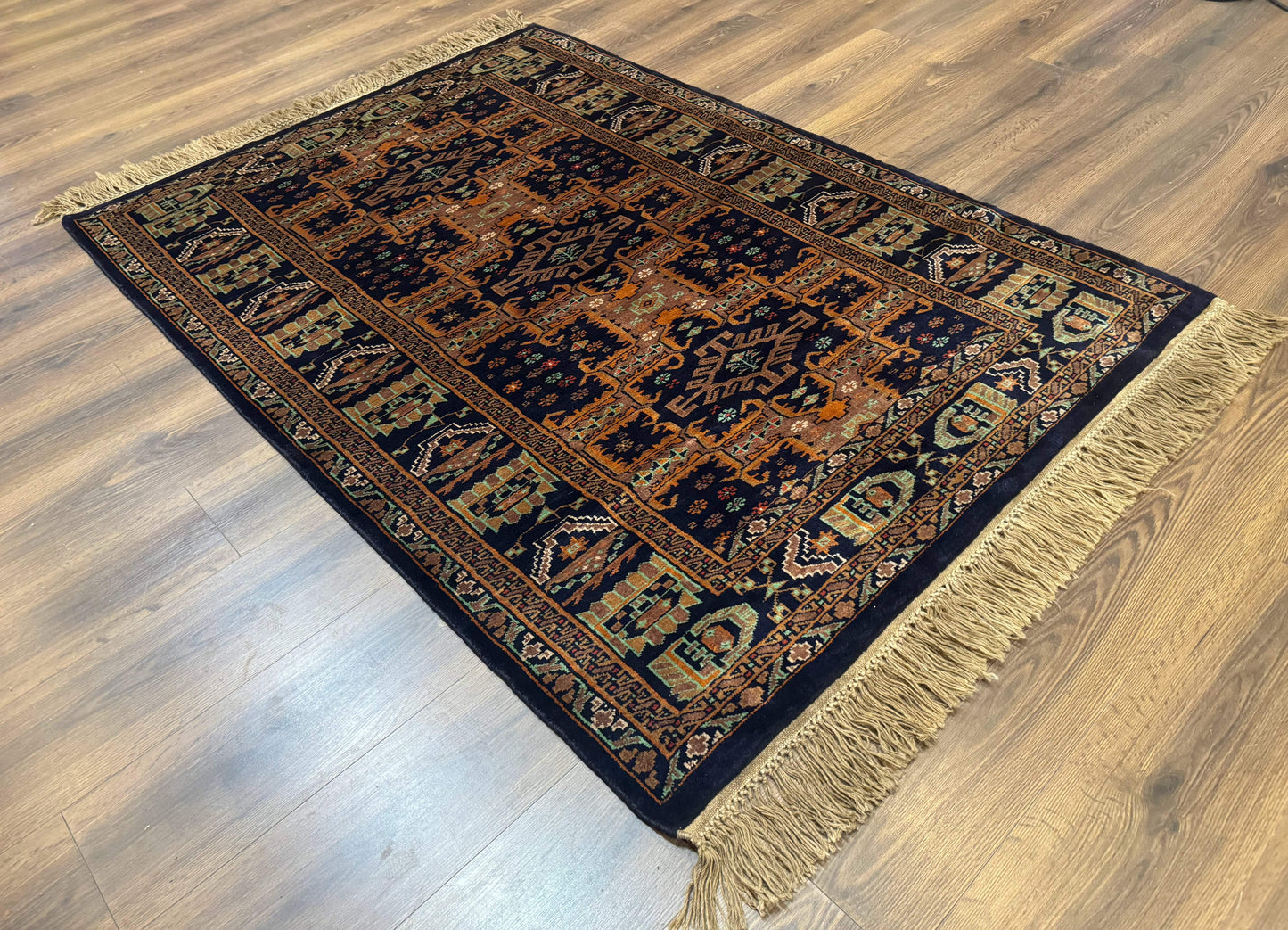 Vintage Afghan Rug 4x6, Navy Blue and Light Brown, Geometric Medallions, Wool on Wool, Tribal Rug - Nuvé