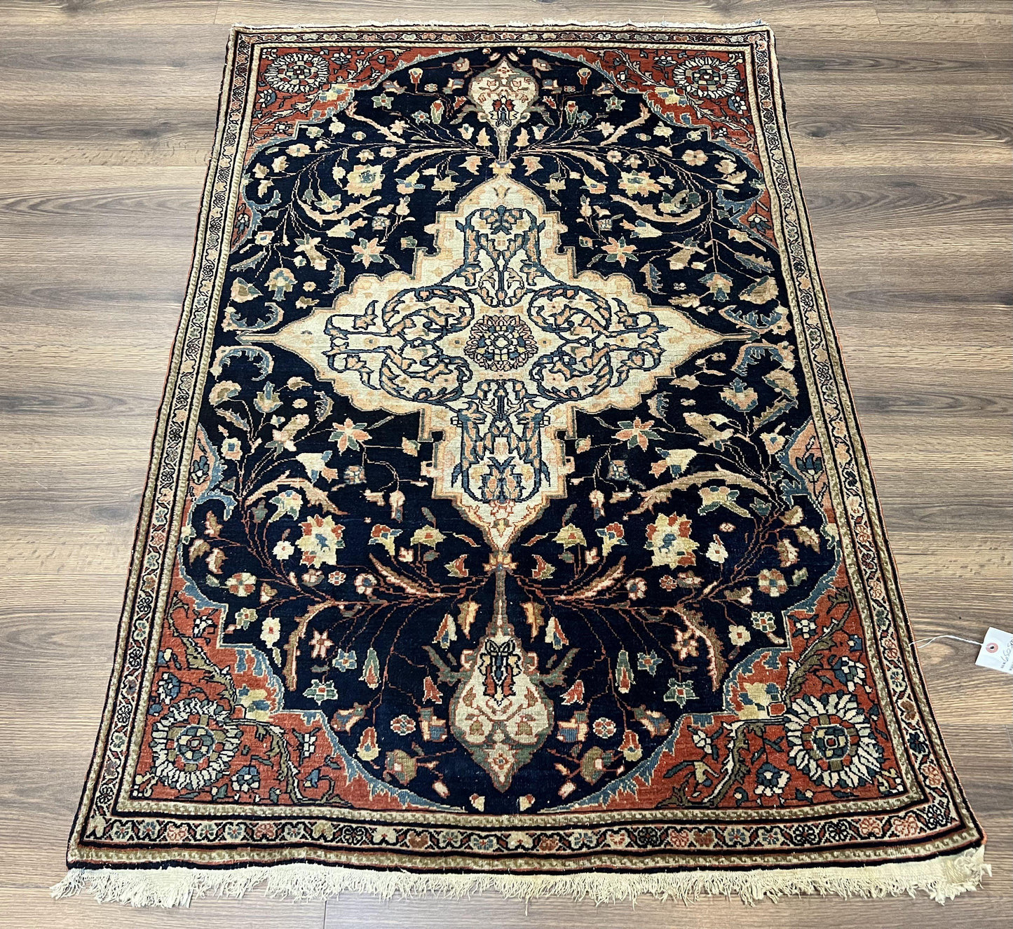 Antique Persian Rug 3.5 x 5, Sarouk Farahan Rug, High Quality 1920s Fine Oriental Carpet 3 x 5 ft, Large Medallion, Floral, Navy Blue Red, Hand Knotted Wool Rug - Nuvé