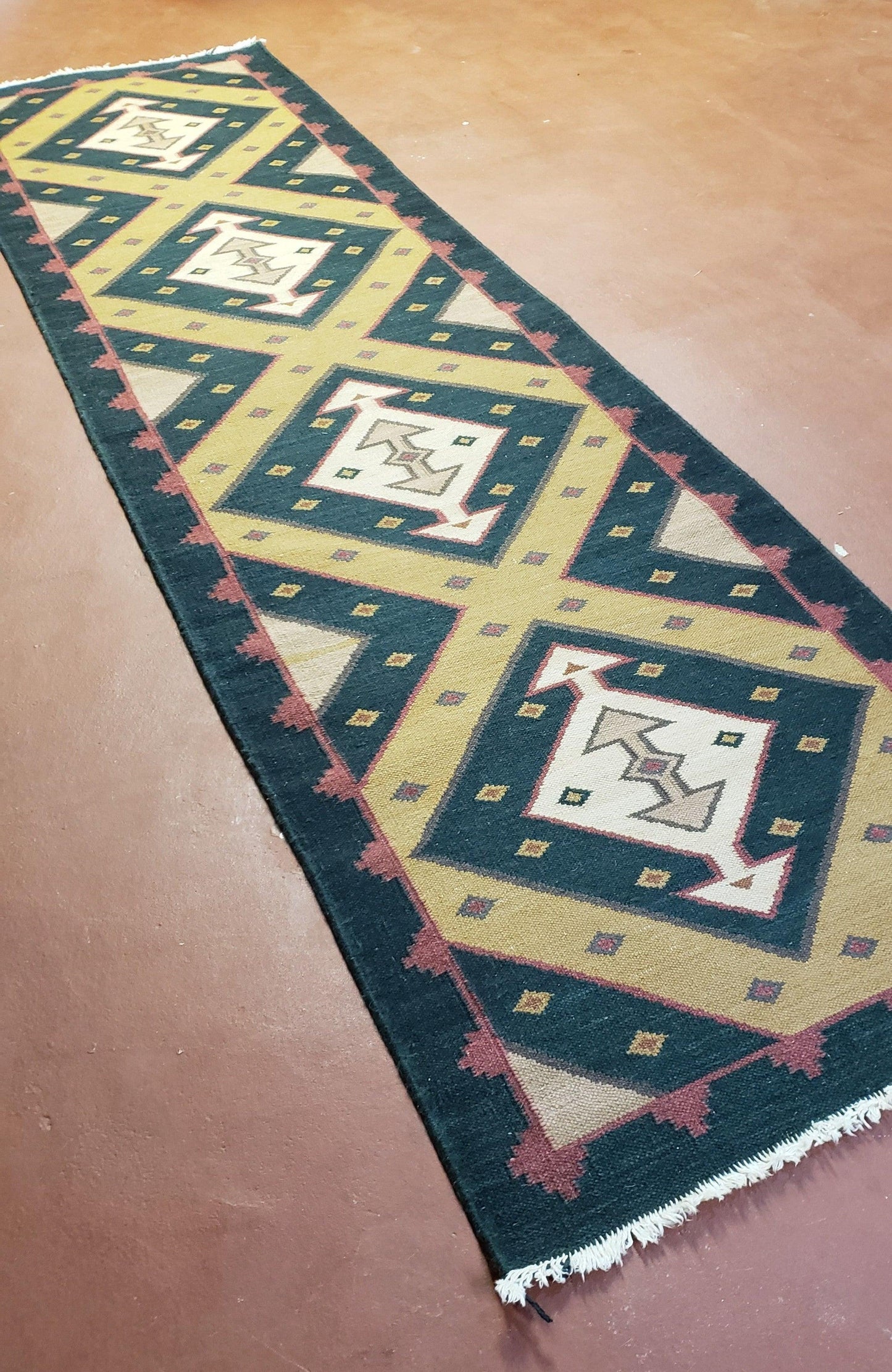 Vintage Indian Kilim Runner Rug, Geometric Flatweave Hand-Knotted Wool Kitchen Hallway Runner, Black Gold & Beige, 2' 8" x 9' 9" - Nuvé