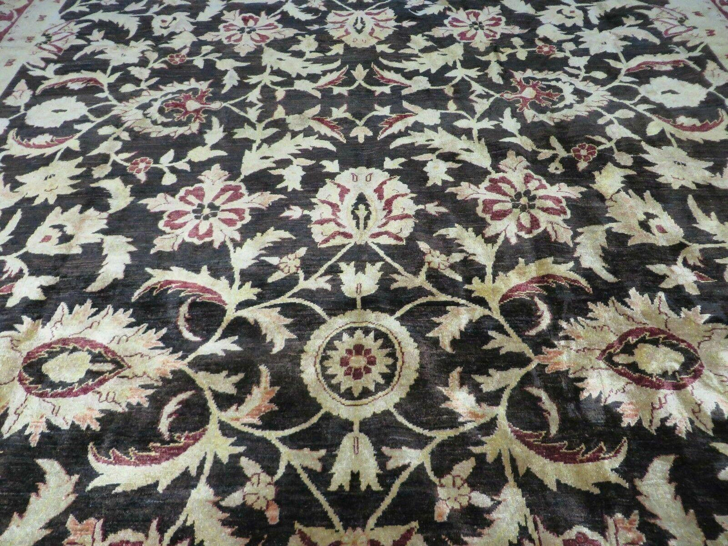 11' X 15' Vintage Hand Knotted Indian Agra Wool Rug Hand Made Dark Brown Floral - Nuvé
