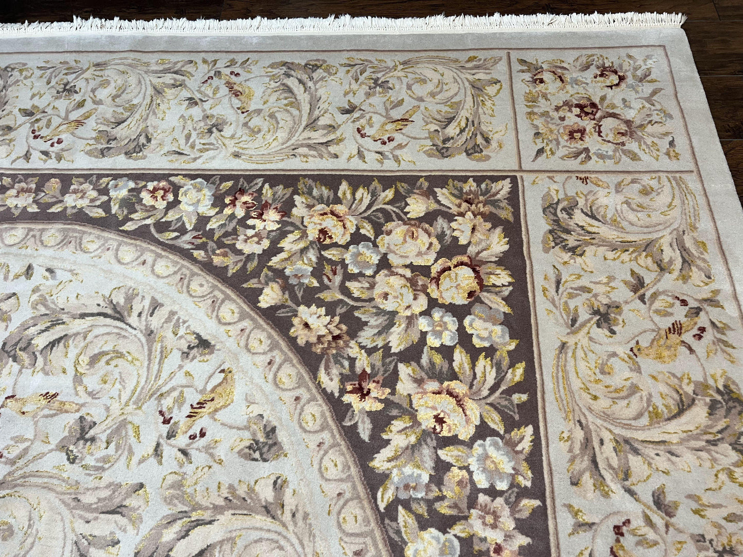 Aubusson Rug 10x14, Wool & Silk Highlights Hand Knotted Vintage Carpet, Birds Flowers, Fine Details, Elegant - Nuvé