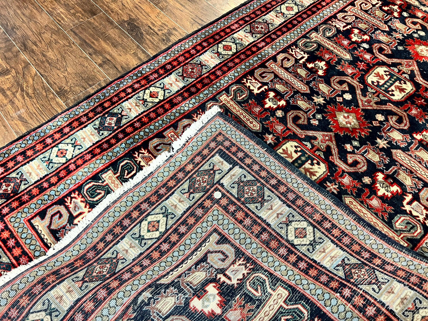 Persian Wide Runner Rug 4.8 x 10, Persian Kalegi Ardabil Rug, Perpedil Caucasian Rug, Antique Handmade Wool Carpet, Navy Blue Red, Tribal Rug - Nuvé