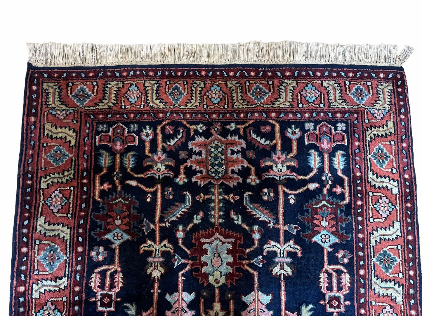 4x6 Vintage Handmade Wool Geometric Rug Organic Dyes Blue Red Hand-Knotted Rug - Nuvé