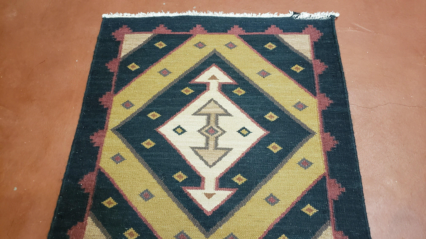 Vintage Indian Kilim Runner Rug, Geometric Flatweave Hand-Knotted Wool Kitchen Hallway Runner, Black Gold & Beige, 2' 8" x 9' 9" - Nuvé