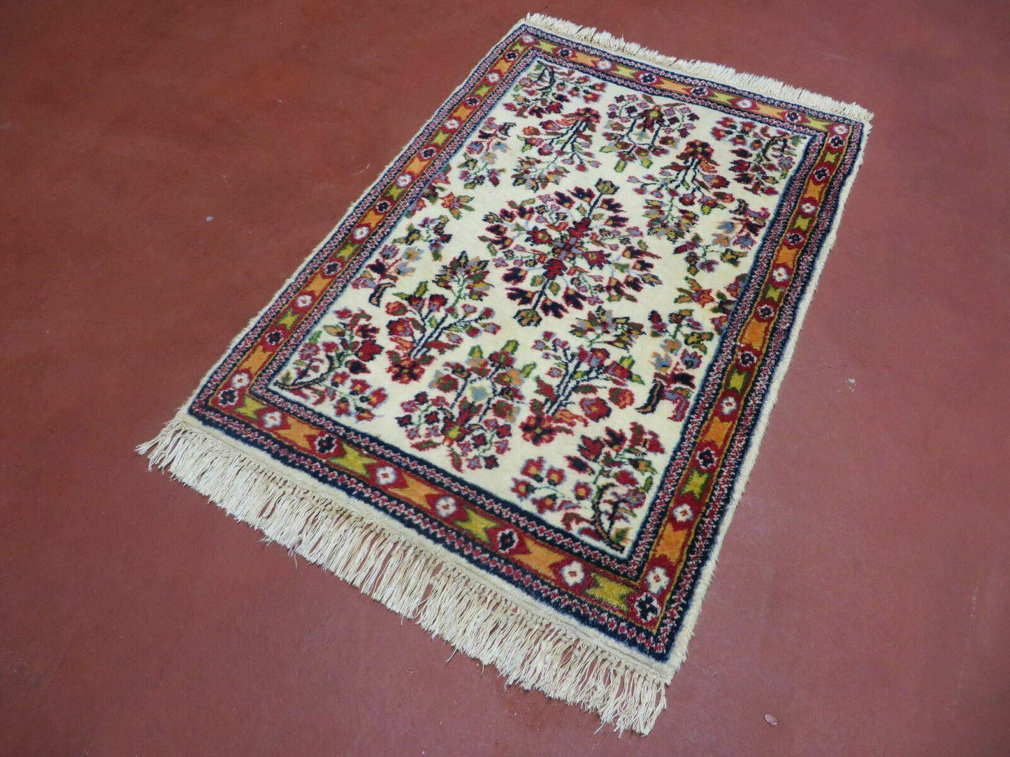Small Persian Rug 2 x 3, Tiny Persian Sarouk Carpet, Cream Navy Blue Red, Floral Medallion, Vintage Wool Rug, Handmade Hand-Knotted Oriental Rug - Nuvé