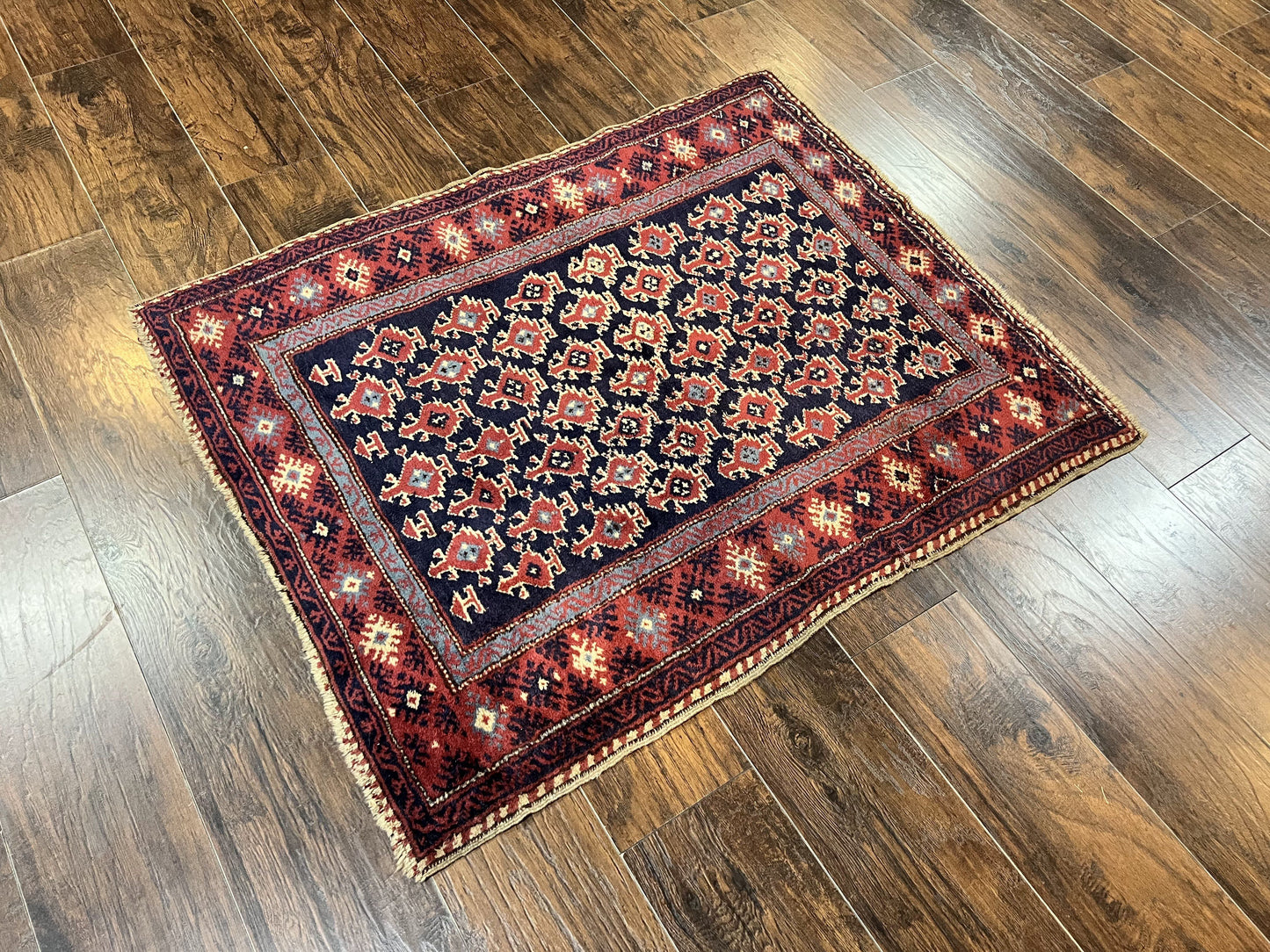 Turkish Sparta Rug 3x4, Allover Pattern, Navy Blue and Red, Antique Ispara Oriental Carpet 3 x 4, Small Turkish Handmade Vintage Wool Rug - Nuvé