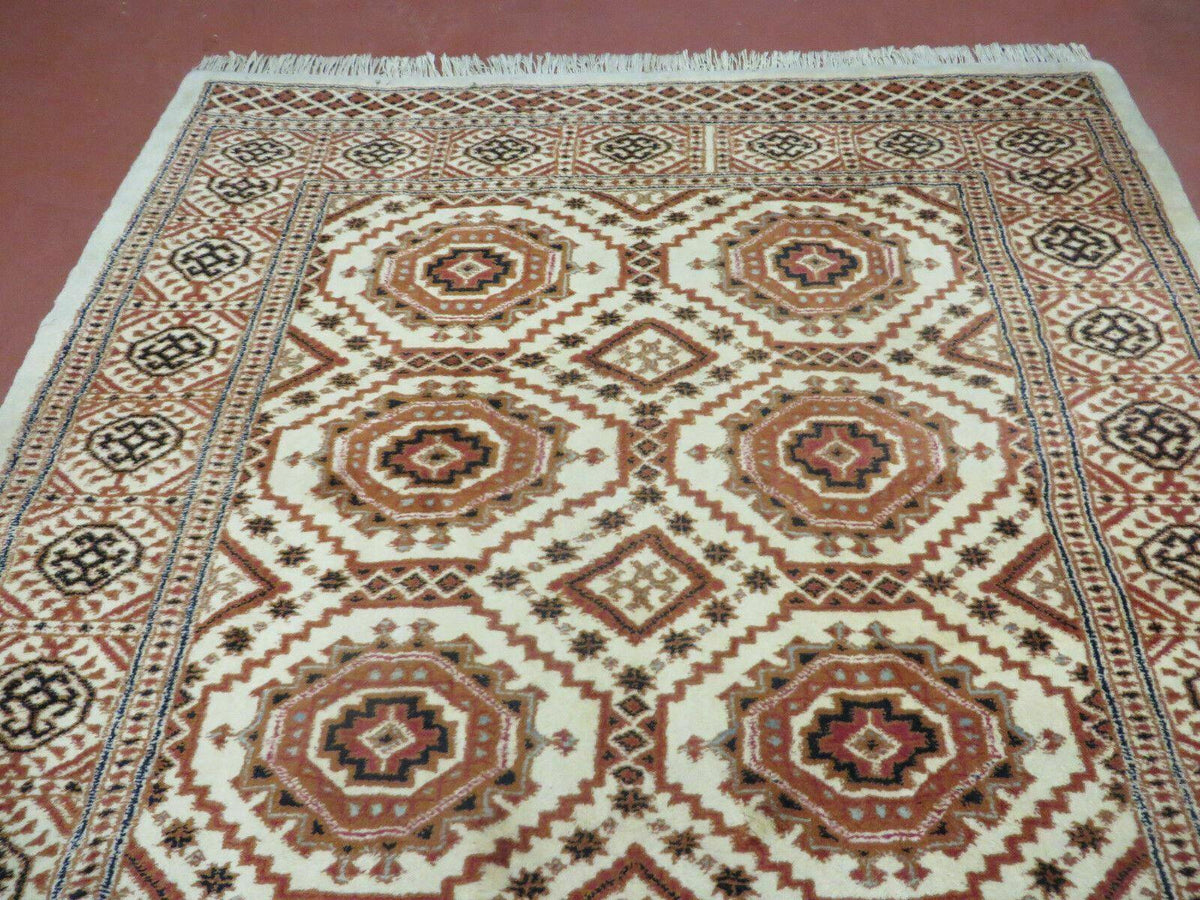 4' X 7' Vintage Handmade Pakistani Turkoman Bokhara Balouch Woven Wool Rug Ivory