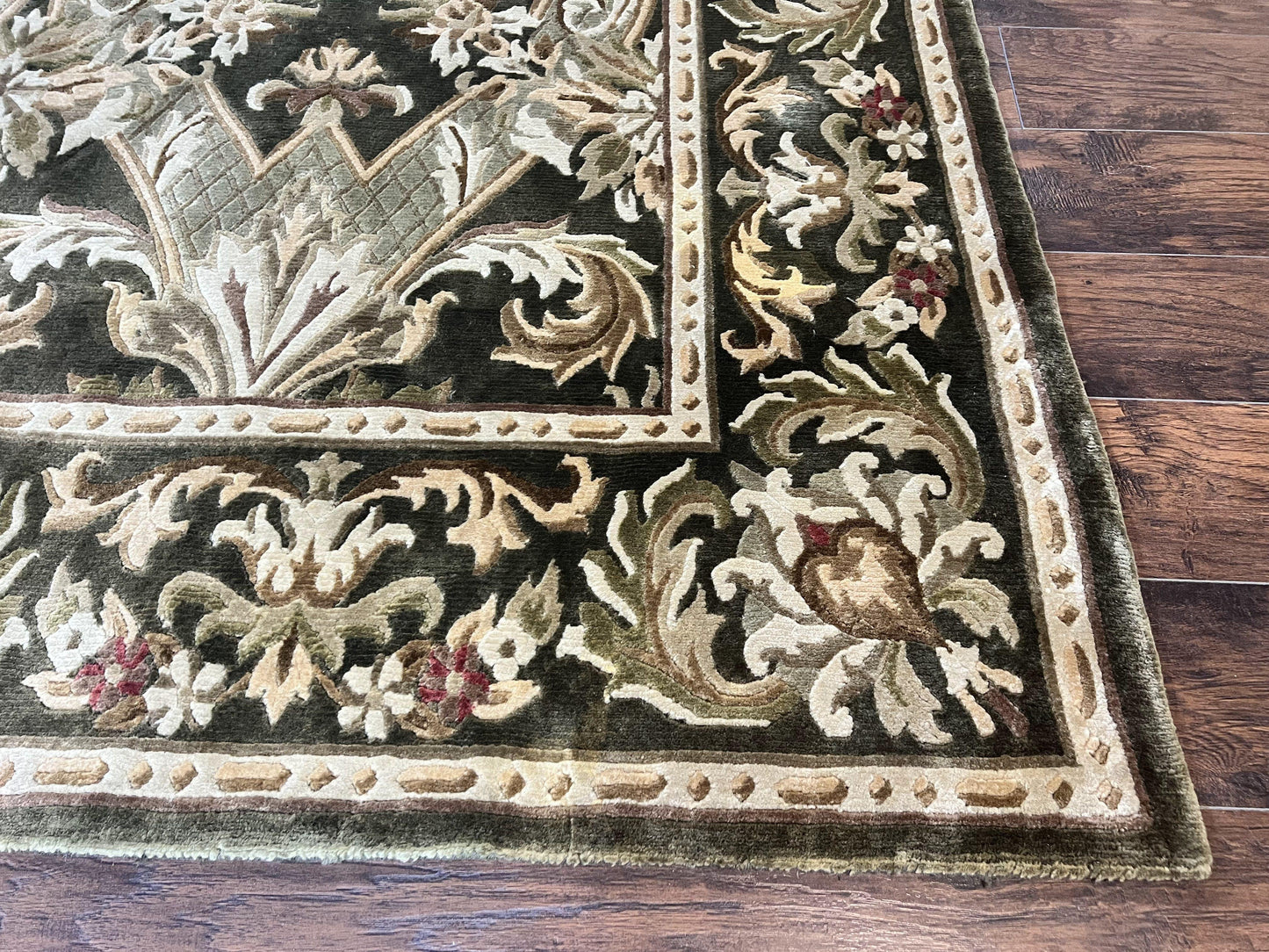 Tibetan Rug 8x10, European Design, Floral, Green, Handmade, Wool, Nepali Rug - Nuvé