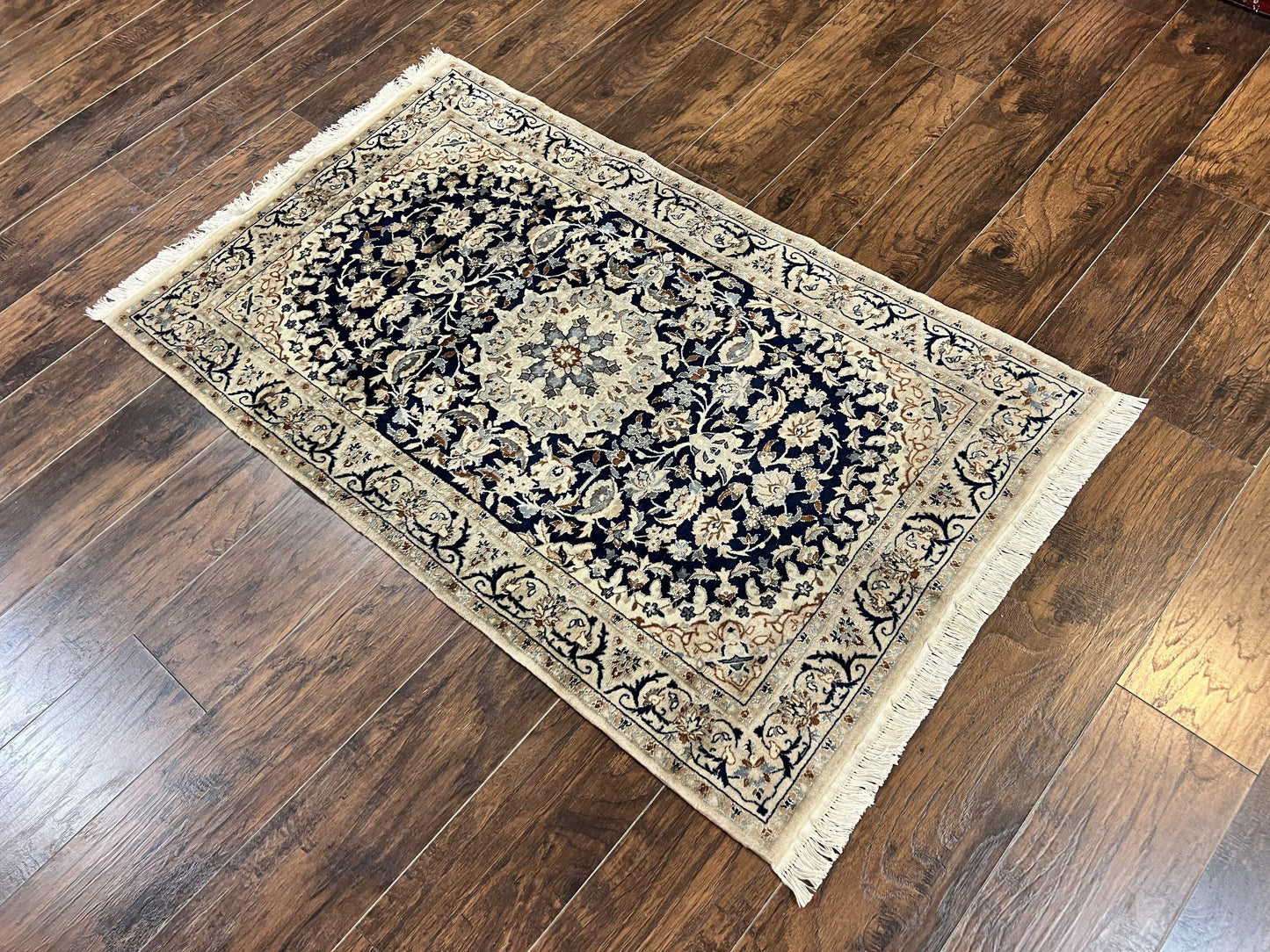 Persian Nain Rug 3x5, Floral Medallion Oriental Carpet, Very Fine Hand Knotted Handmade Wool and Silk Highlights Rug, Vintage Semi Antique - Nuvé