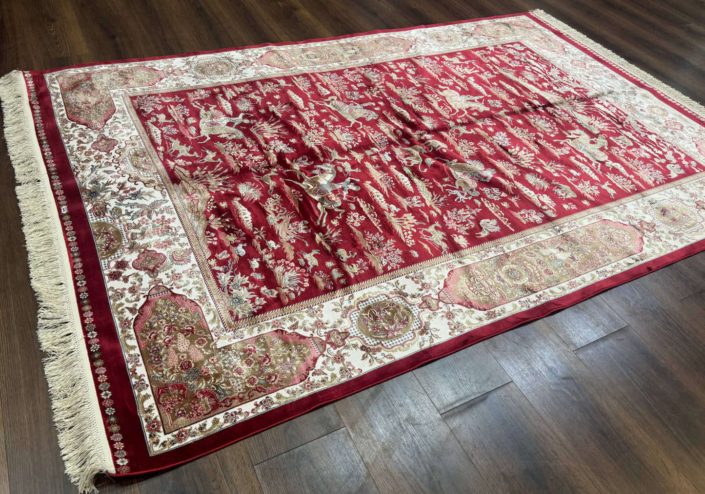 Turkish Silk Hunting Scene Rug 5 x 7.6, Red & Ivory, Bamboo Silk, New - Nuvé