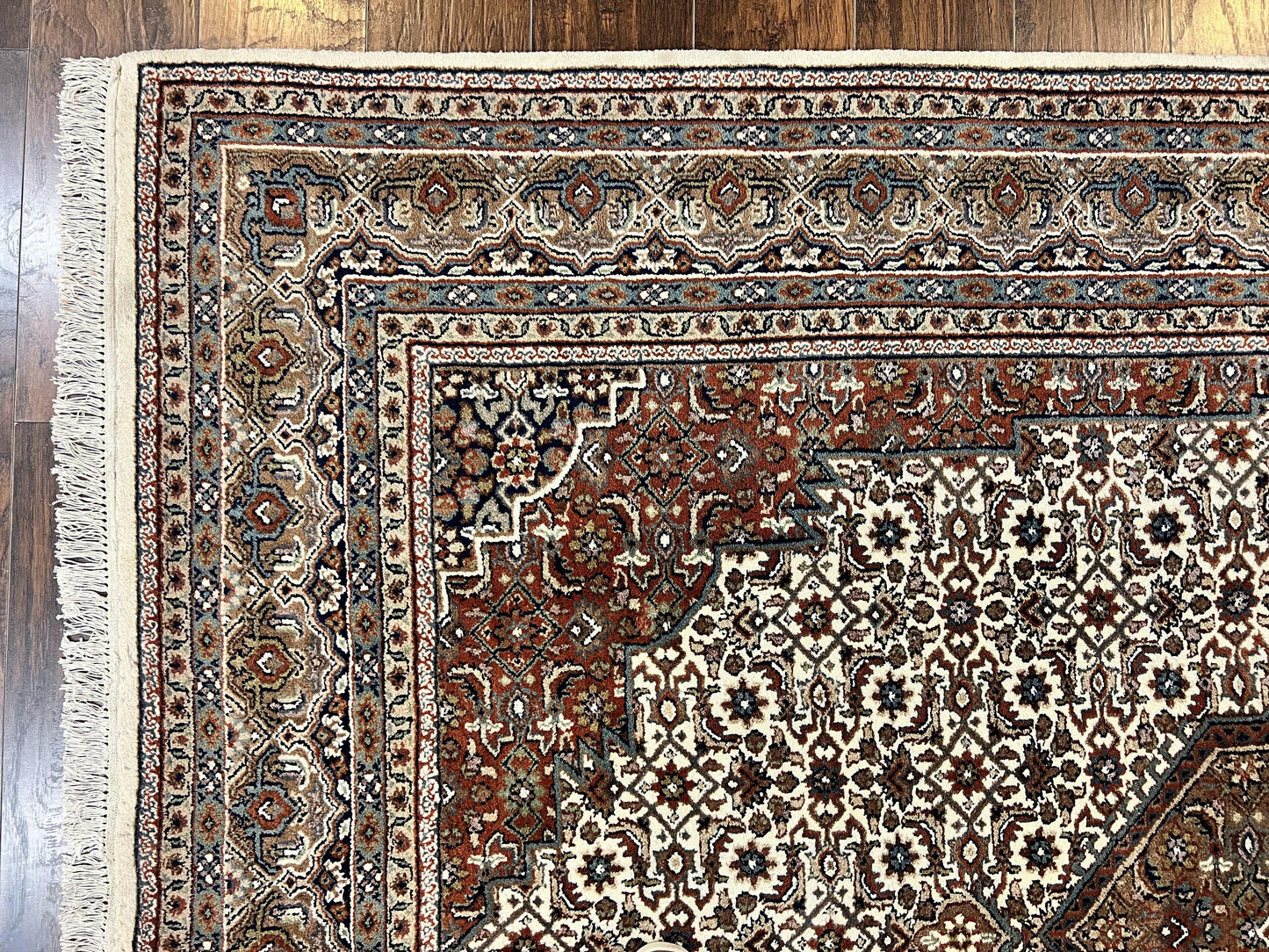 Indo Persian Rug 7x10 ft, Hand Knotted Wool Vintage Oriental Carpet 7 x 10, Traditional Handmade Herati Bidjar Cream Rug, Medallion Rug - Nuvé
