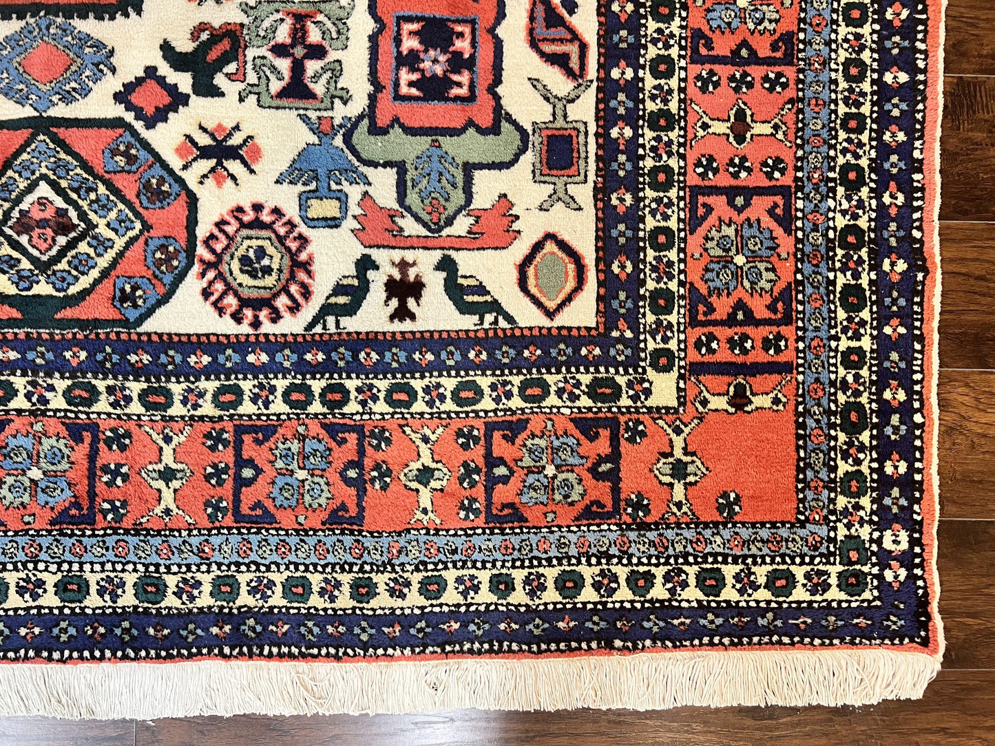 Persian Tribal Rug 8x11, Persian Ardabil Rug, Geometric Medallion Animal Pictorial Rug, Ivory Red Blue, Hand Knotted Vintage Wool Carpet - Nuvé