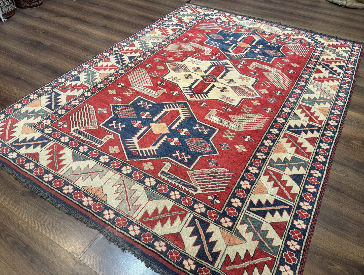 Turkish Kazak Rug 6x8, Caucasian Design, Geometric Medallions, Red Blue Beige - Nuvé