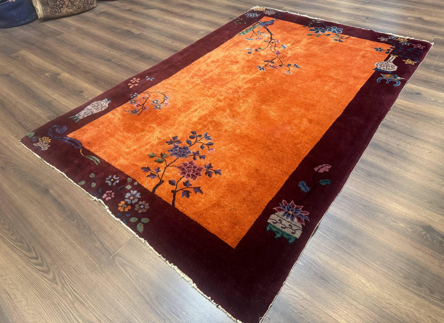 Chinese Art Deco Rug 5x8, Antique Chinese Wool Rug, Nichols Rug, Rare Chinese Carpet, Orange and Purple-Maroon - Nuvé