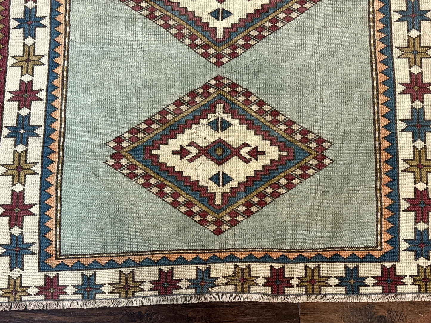 Turkish Kazak Rug 4x6, Geometric Medallion, Caucasian Design Rug, Semi Antique Vintage, Mint Green Maroon Ivory - Nuvé