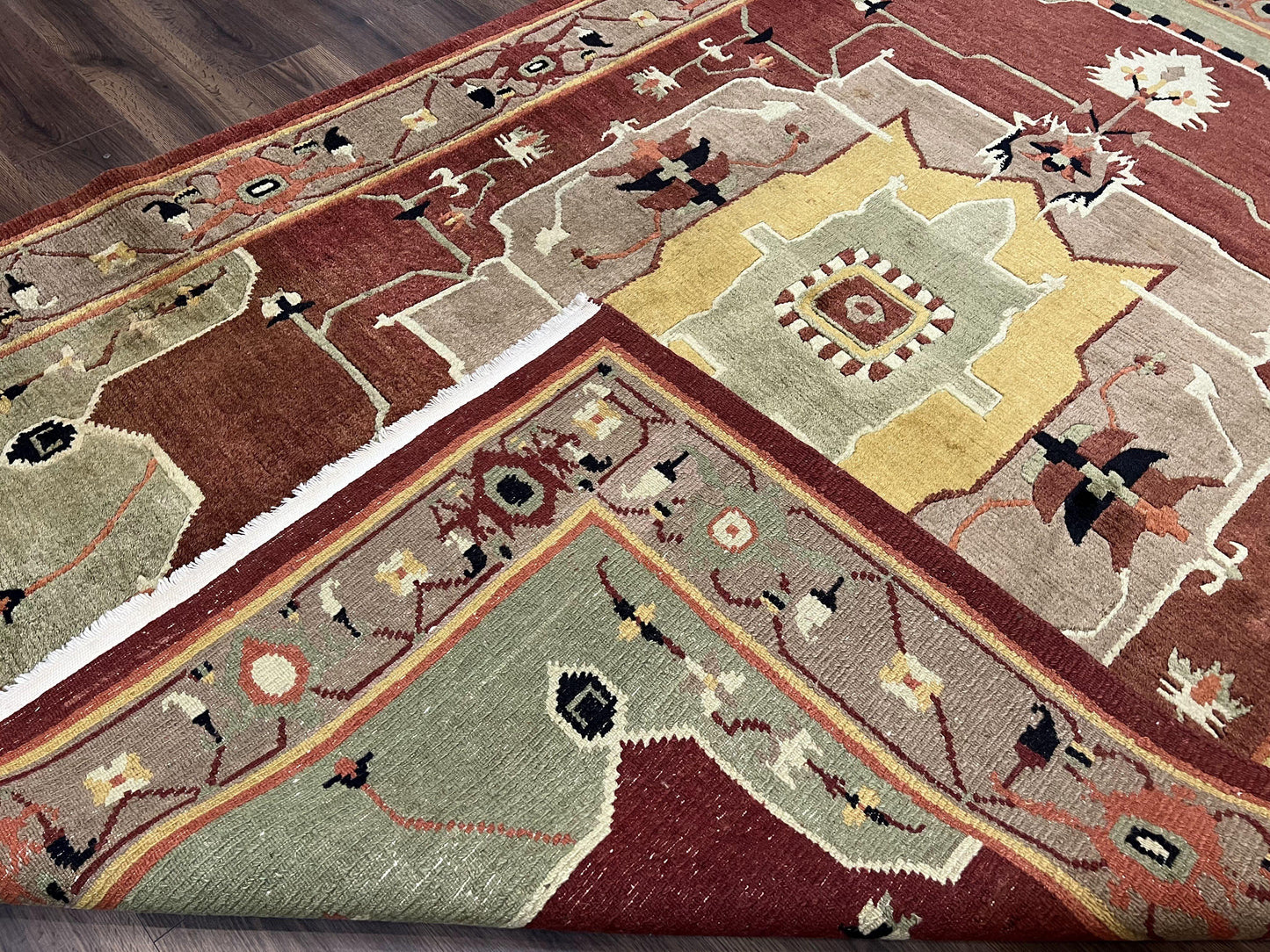 Tibetan Rug 7x10, Geometric Medallion, Red Green Taupe, Hand Knotted, Soft Wool Area Rug, Contemporary Carpet, Handmade Nepali Rug 7 x 10 ft - Nuvé