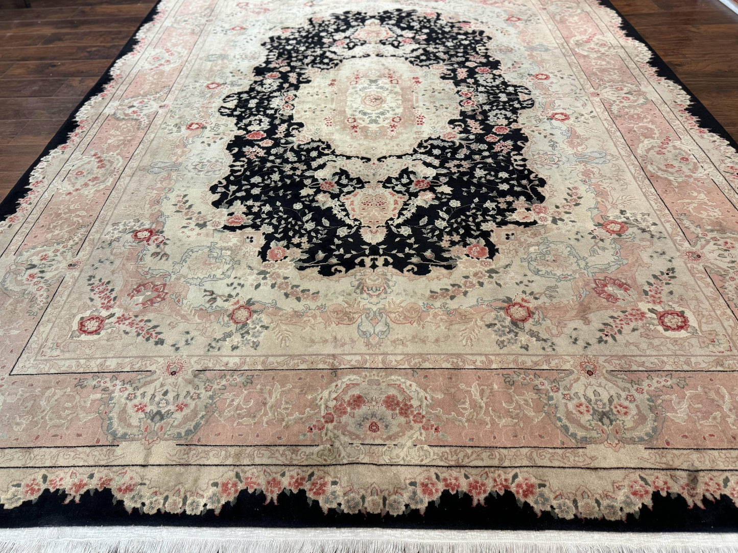Pak Persian Tabriz Rug 8.6 x 11.6, Black Pink, Traditional Elegant Formal Oriental Carpet, Dining Room Rug, Fine 225 KPSI - Nuvé