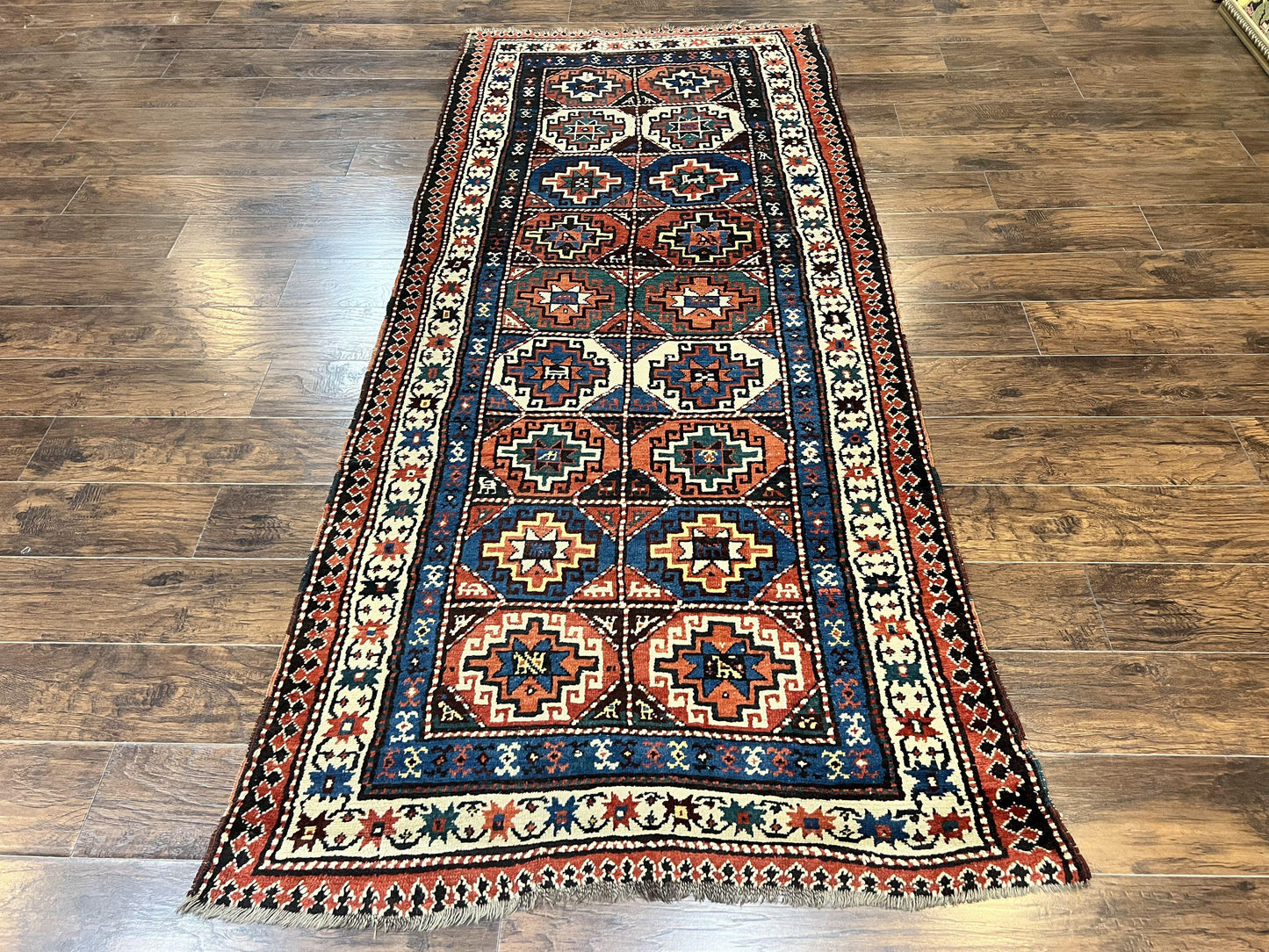 Antique Caucasian Kazak Runner Rug 4 x 9.5, Handmade Wool Rug for Hallway, Rare Colorful Panel Design Mid 19th Century 1870s Oriental Carpet - Nuvé