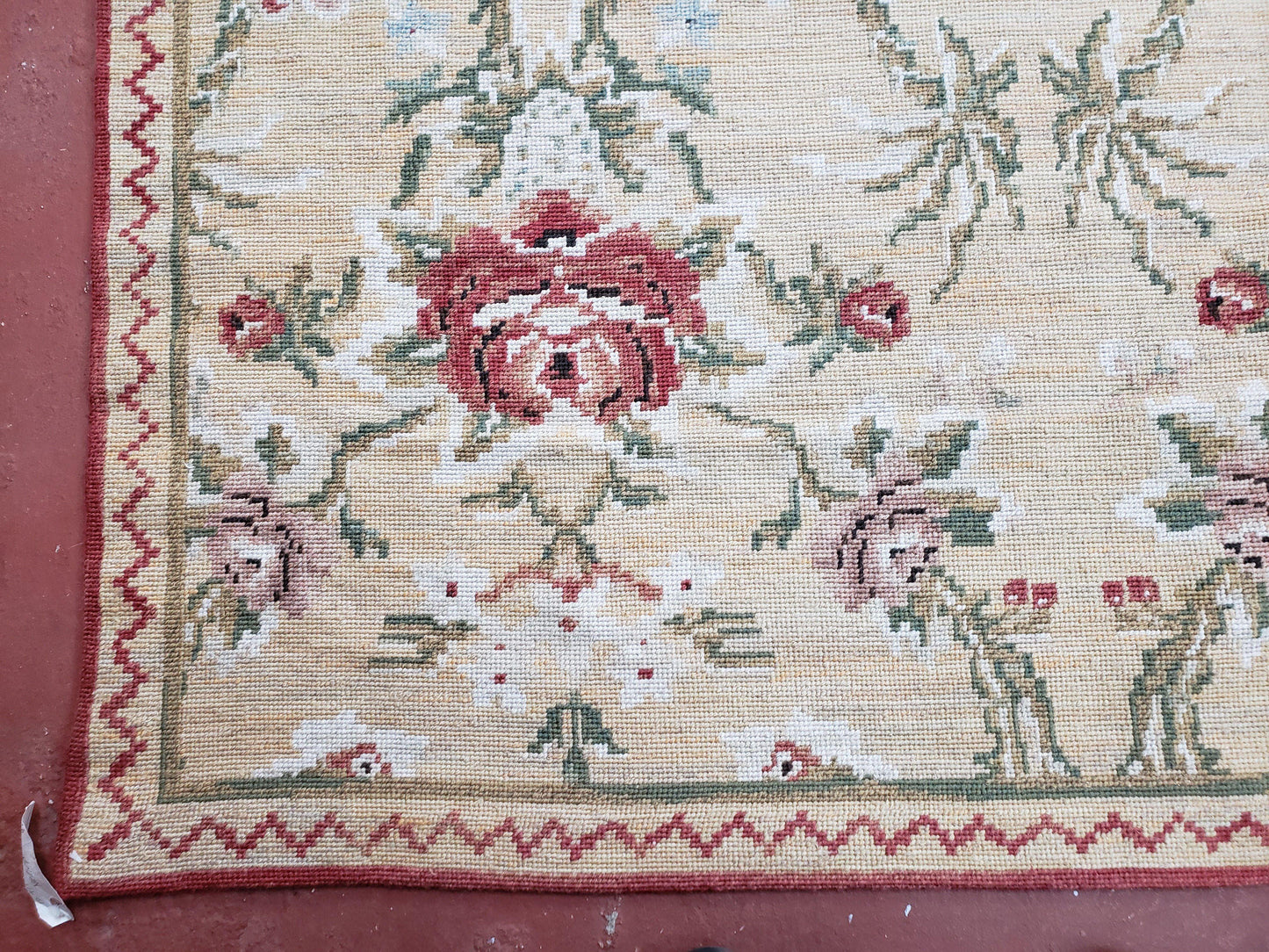 Needlepoint Rug 10x14 Wool Flatweave Carpet, English Floral Pattern, Pale Yellow, Roses, Allover Pattern, Handmade Large Needlepoint Nice - Nuvé