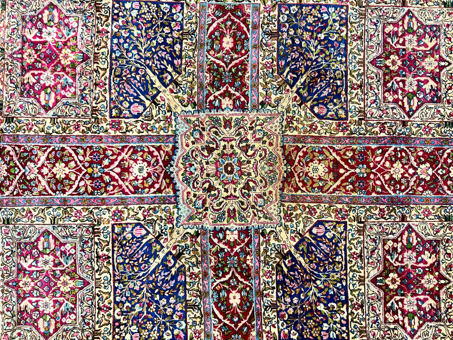 Persian Kirman Lavar Rug 8x9, Antique Persian Carpet, Colorful Multicolor 1920s Handmade Wool Rug, Garden Panel Design, Fine 200 KPSI - Nuvé