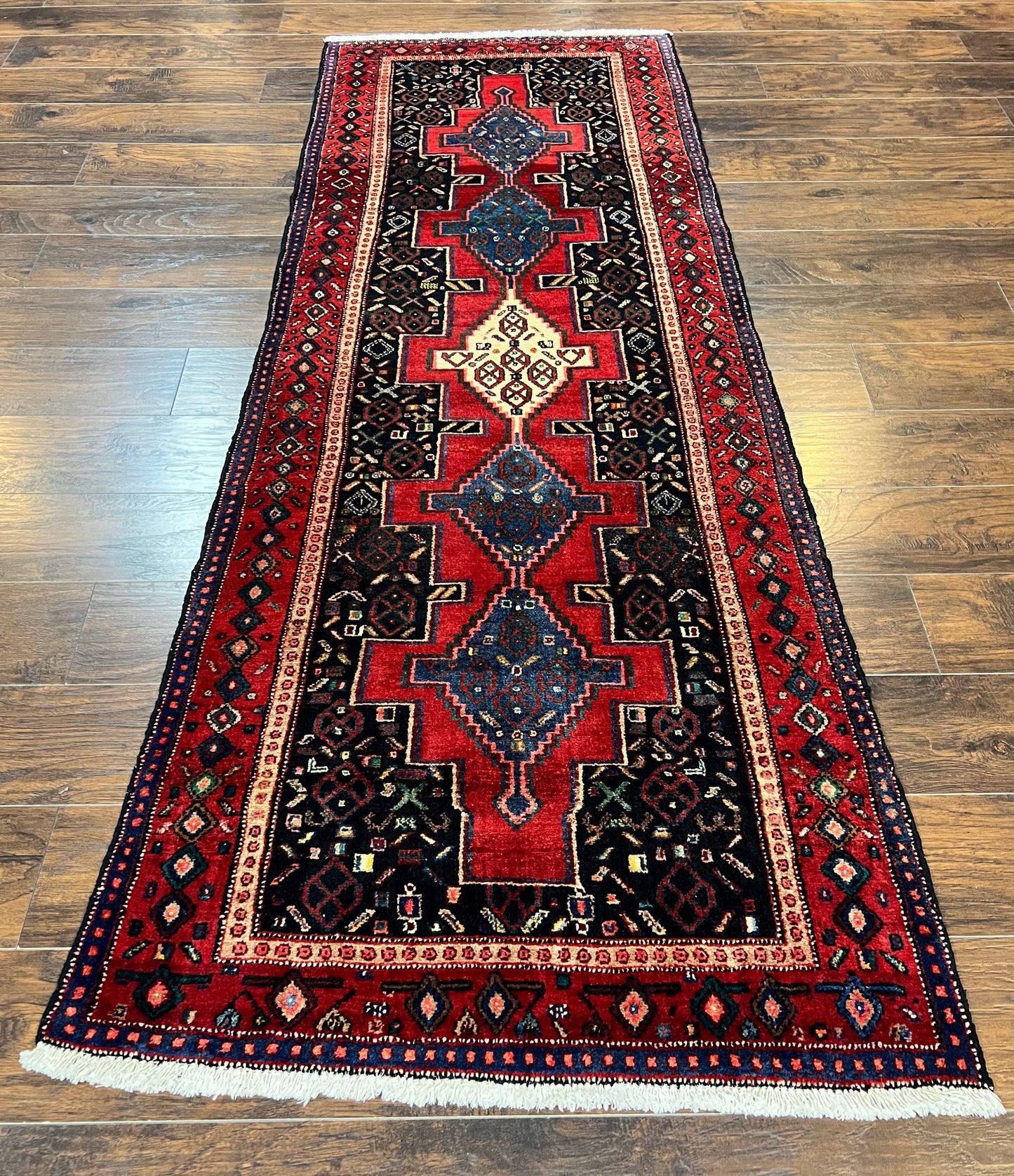 Persian Kurdish Senneh Runner Rug 3x9, Red Navy Blue, Medallions Wool Tribal Runner for Kitchen/Hallway 9ft Antique Handmade Oriental Runner - Nuvé