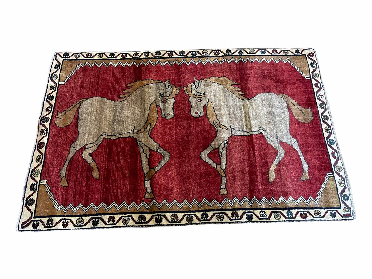 4 X 6 Handmade Hand-Knotted New Vintage Rug Wool Horses Red Organic Dyes Tribal - Nuvé
