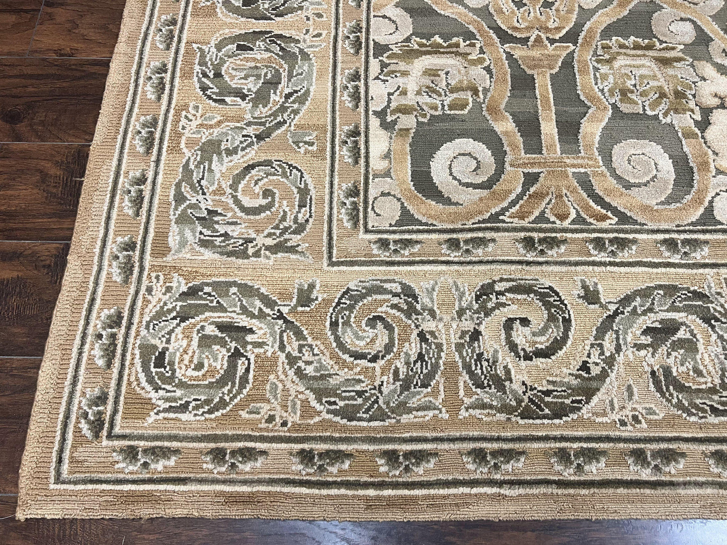 Spanish Rug 11x14, Wool Hand Knotted Vintage Carpet, Olive Green and Beige, Floral Allover, European Design, 11 x 14 Rug - Nuvé