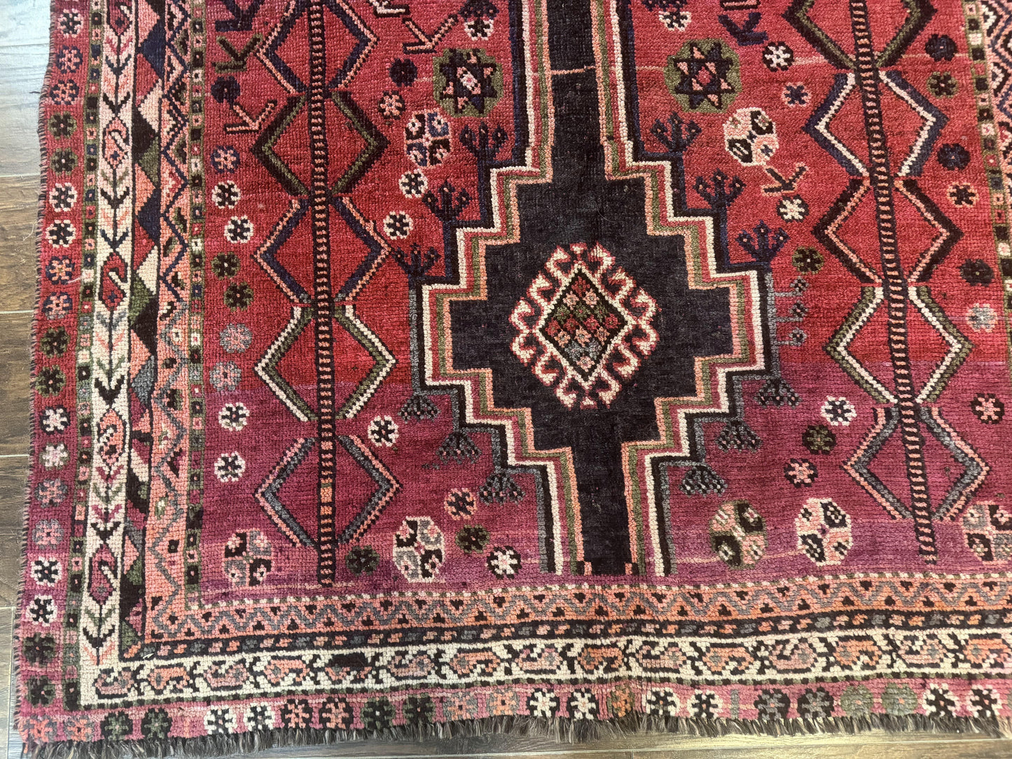 Persian Tribal Shiraz Rug 5x8, Geometric, Raspberry Red and Charcoal, Antique Persian Carpet - Nuvé