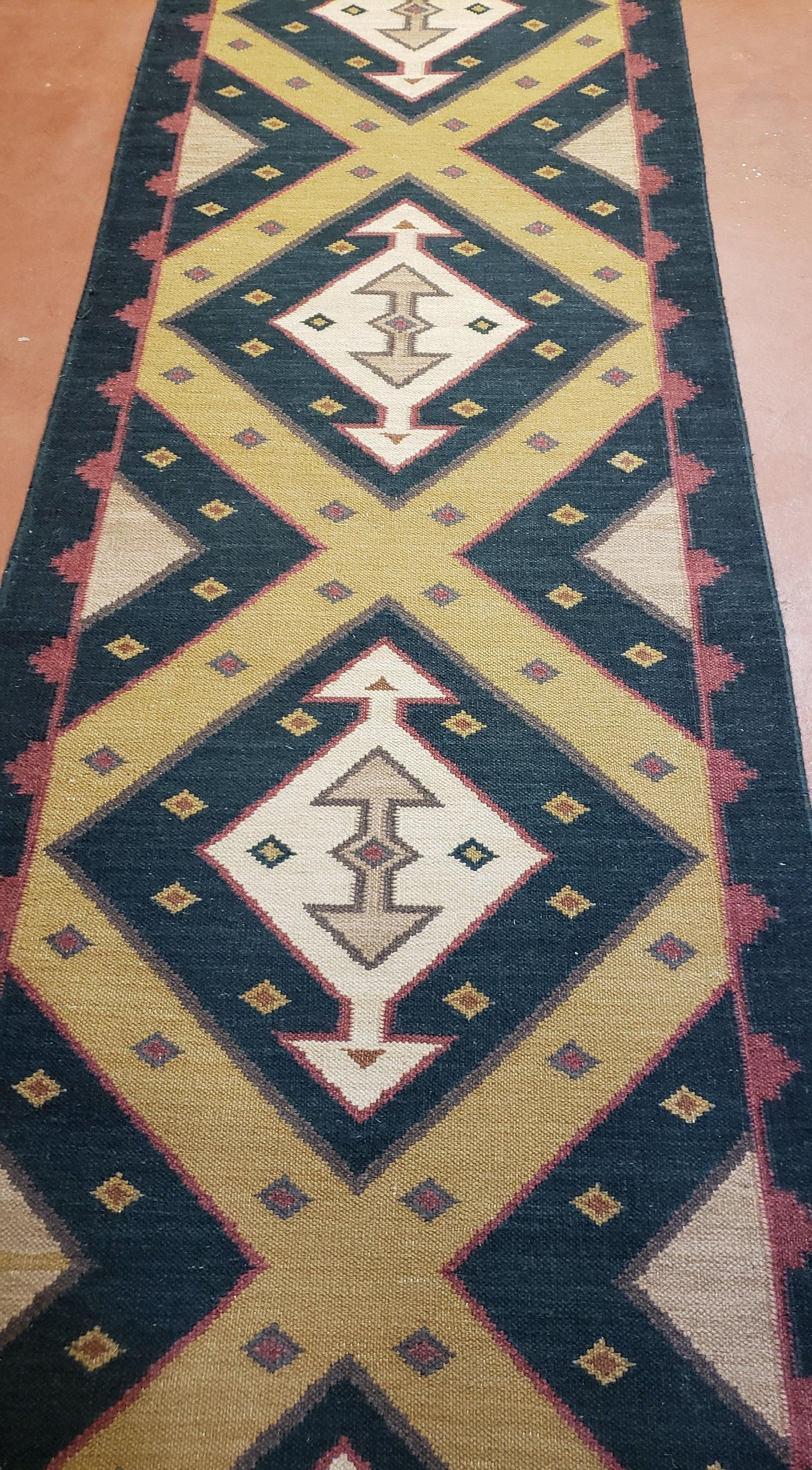 Vintage Indian Kilim Runner Rug, Geometric Flatweave Hand-Knotted Wool Kitchen Hallway Runner, Black Gold & Beige, 2' 8" x 9' 9" - Nuvé